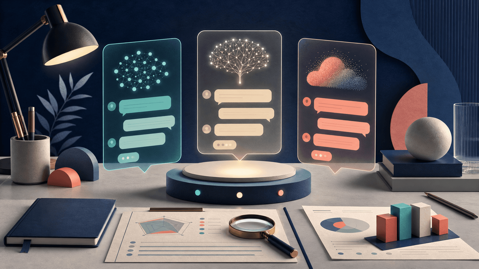 Abstract research desk comparing three AI assistant interfaces