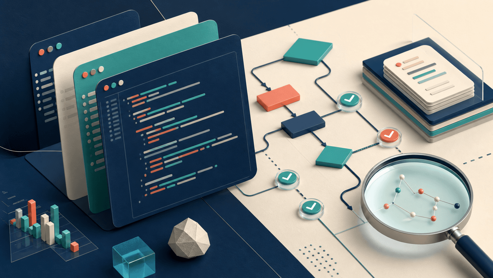 Abstract software testing workspace with code panels and verification checkpoints