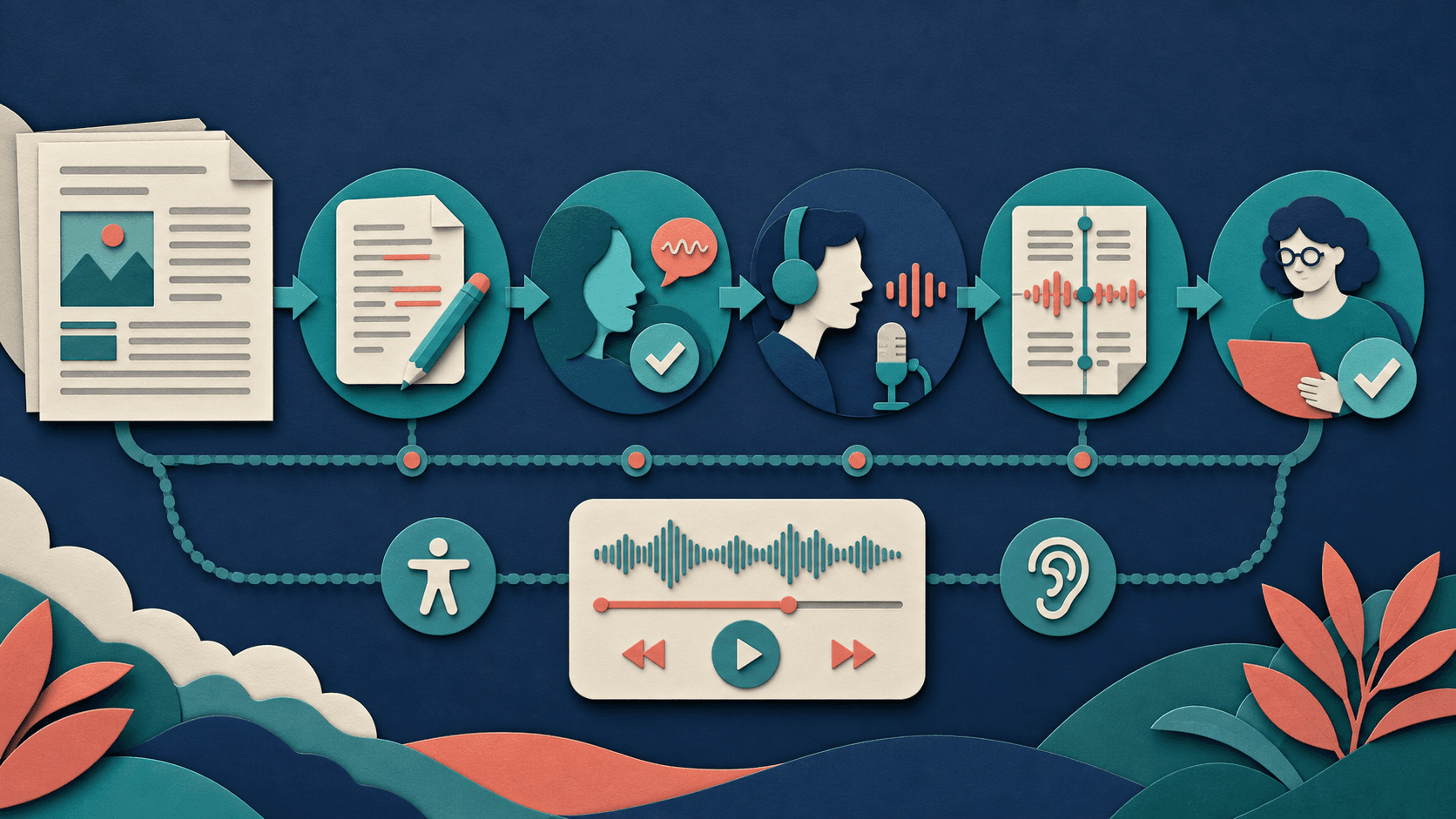 Accessible article audio version workflow Editorial illustration of a structured article moving through script cleanup, pronunciation review, narration, synchronized transcript, playback controls, and accessibility review