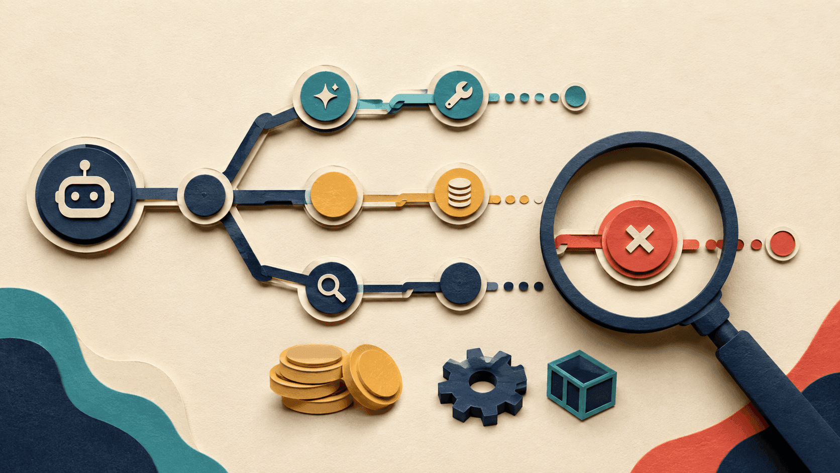 AgentOps Review 2026: Agent Tracing, Pricing, and Security Paper-cut branching agent trace with one failed step under magnification