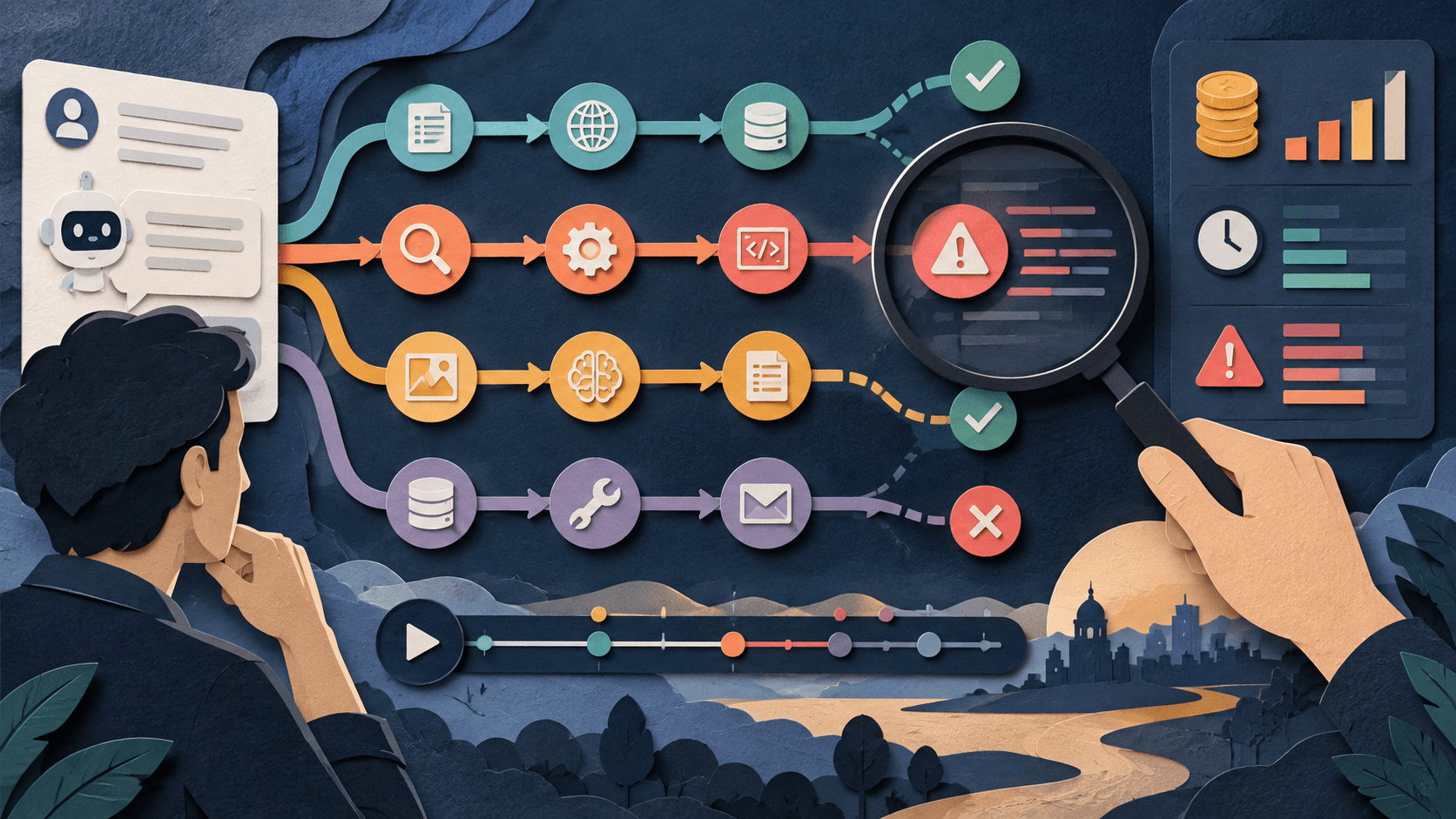 AgentOps Review 2026: Agent Tracing, Pricing, and Limitations Paper-cut editorial concept showing multi-step agent sessions replayed through cost, latency, and failure timelines