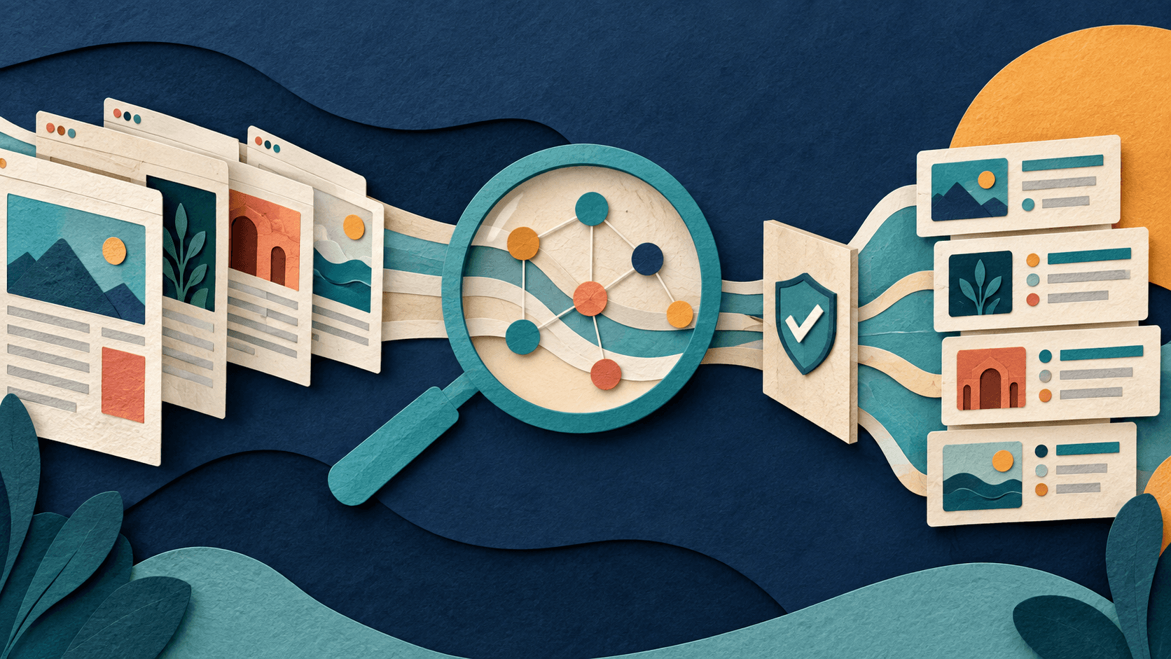 AgentQL Review 2026: AI Web Extraction, Automation, and Pricing Paper-cut browser pages flowing through a semantic query lens into clean structured data blocks