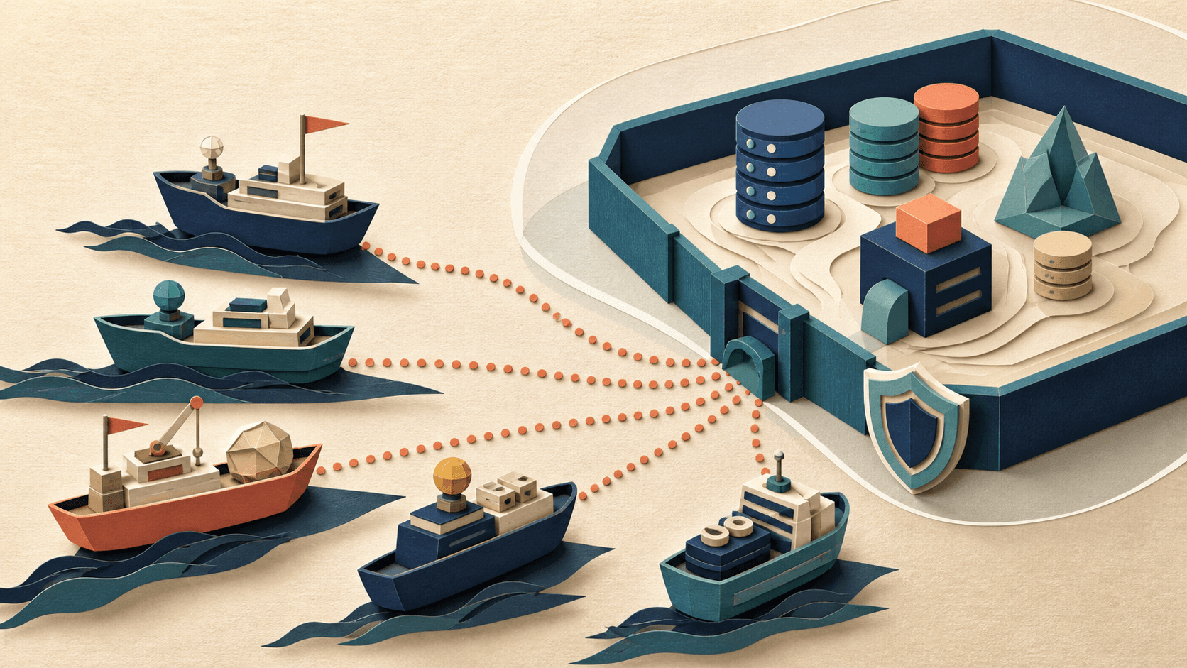Agno Review 2026: AgentOS, Multi-Agent Systems, Pricing, and Fit Paper-cut illustration of agent vessels coordinating with a protected buyer-owned control plane