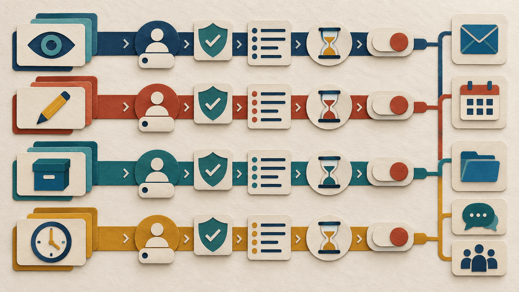 AI access inventory guide Paper-cut editorial illustration of business applications organized into read, write, retain, and trigger lanes with owners, approvals, logs, expiry, and revocation controls