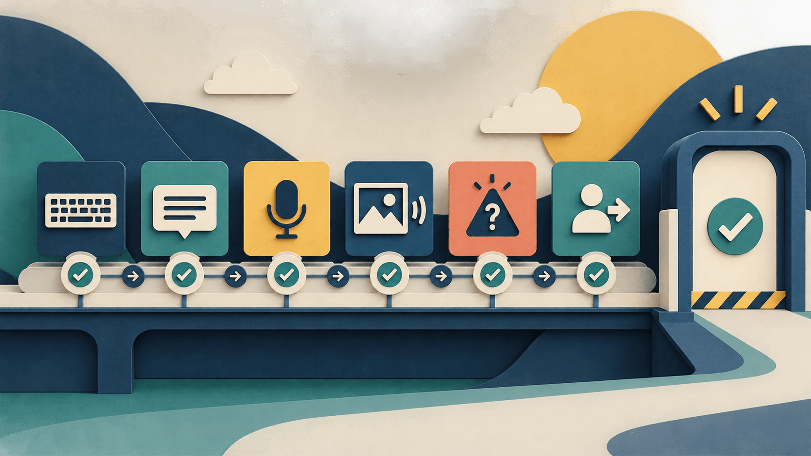 ai accessibility acceptance test checklist Paper-cut editorial illustration of keyboard, captions, voice, vision, uncertainty, human escalation, and safe-stop behavior passing an acceptance gate
