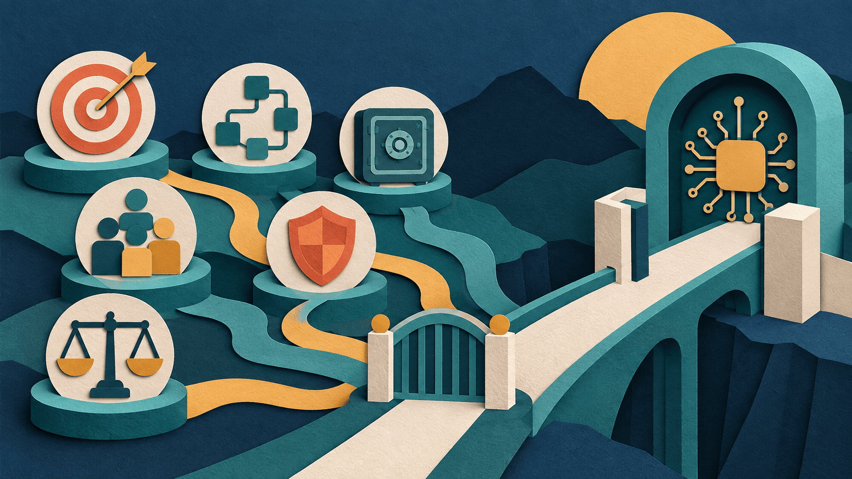 A small business checks readiness before crossing into AI adoption Abstract paper-cut small business readiness board showing goals, workflow, data, people, risk, budget, governance, and a guarded path to adoption