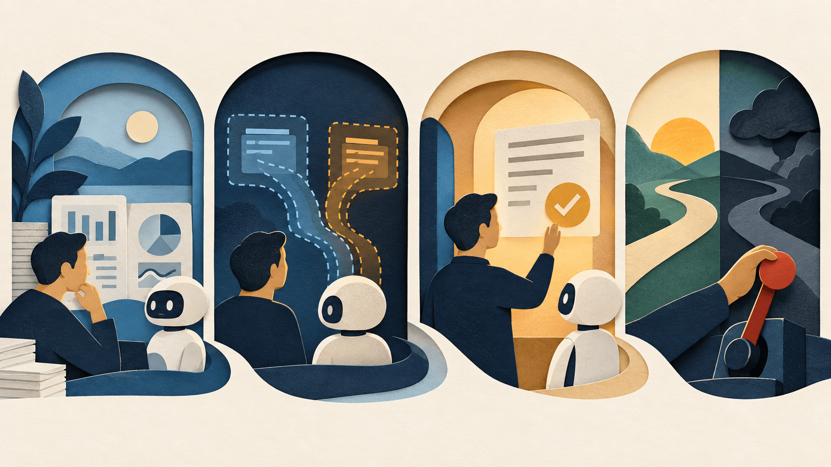 A 30-Day AI Agent Pilot Plan for Small Businesses Paper-cut editorial illustration of a four-week agent pilot moving from baseline to shadow mode approvals and a measured go or stop gate