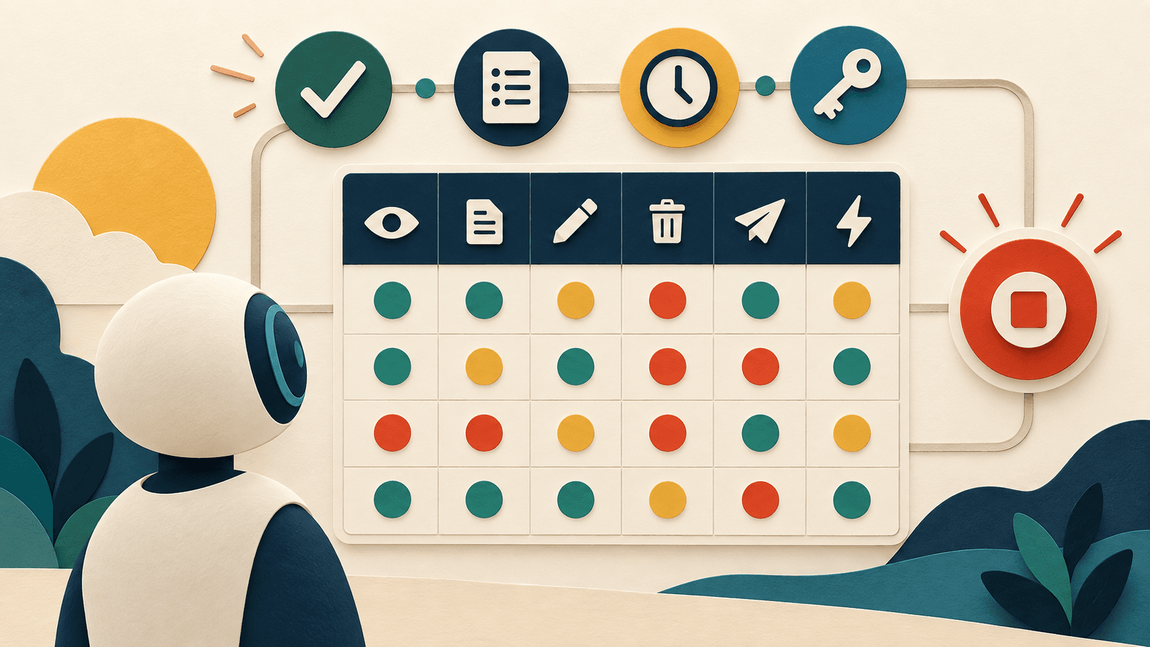 Build an AI Agent Permission Matrix Before You Connect Real Systems Paper-cut editorial illustration of an AI agent facing a matrix of read, create, update, delete, send, and trigger permissions with approval, logging, expiry, and emergency-stop controls