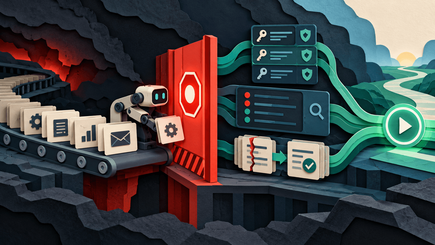 ai agent rollback drill guide Paper-cut editorial illustration of an autonomous workflow stopped at a red containment gate while queued actions, credentials, audit logs, and repairs are reconciled