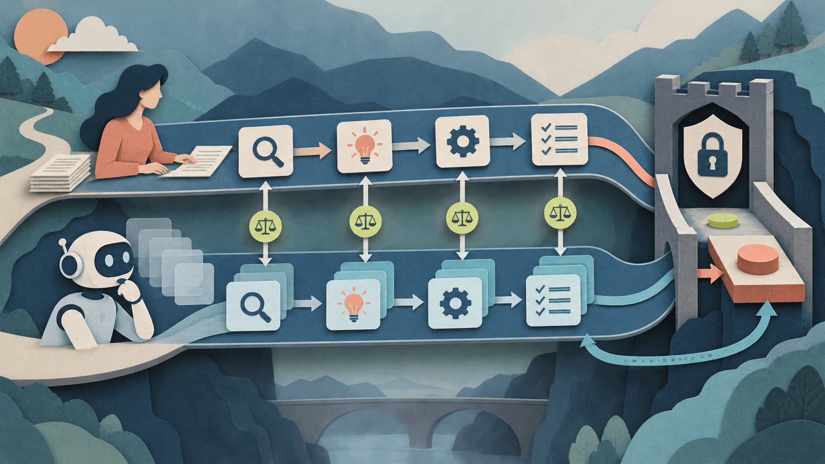 Run AI Agents in Shadow Mode Before You Grant Write Access Paper-cut editorial illustration of an AI agent rehearsing proposed actions in a transparent parallel lane beside live human work before passing staged approval gates toward limited write access
