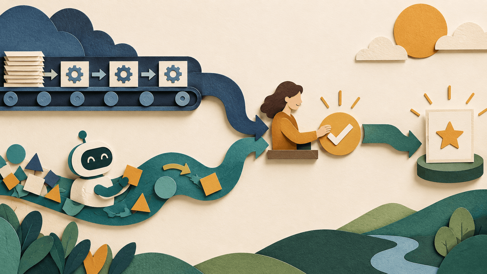 AI Agents vs. Traditional Automation: Which Work Needs Which? Paper-cut editorial illustration of a deterministic conveyor and an adaptive agent lane joining at a human approval gate