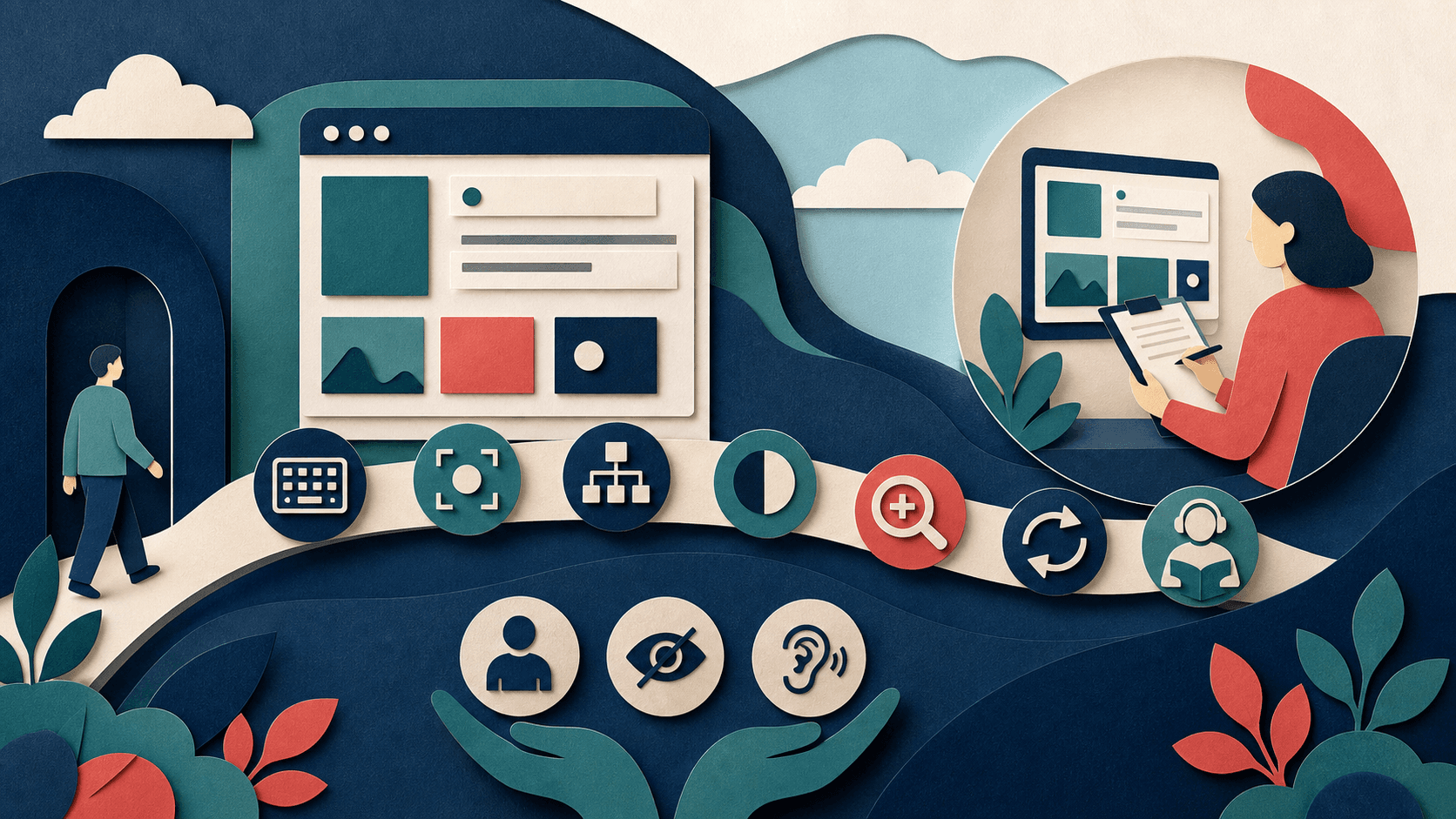 Accessibility audit for AI-built apps Editorial illustration of an AI-built application being tested for keyboard access, focus, structure, contrast, zoom, errors, and assistive technology