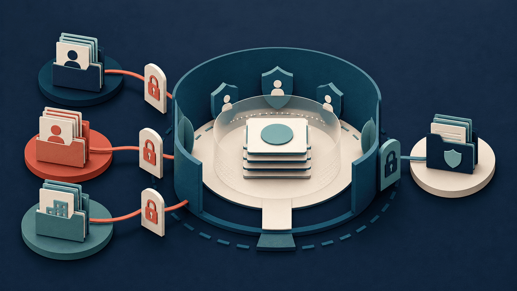 AI business data privacy and security guide Editorial illustration of customer, employee, and company data separated into protected zones with permission gates around an AI processing boundary