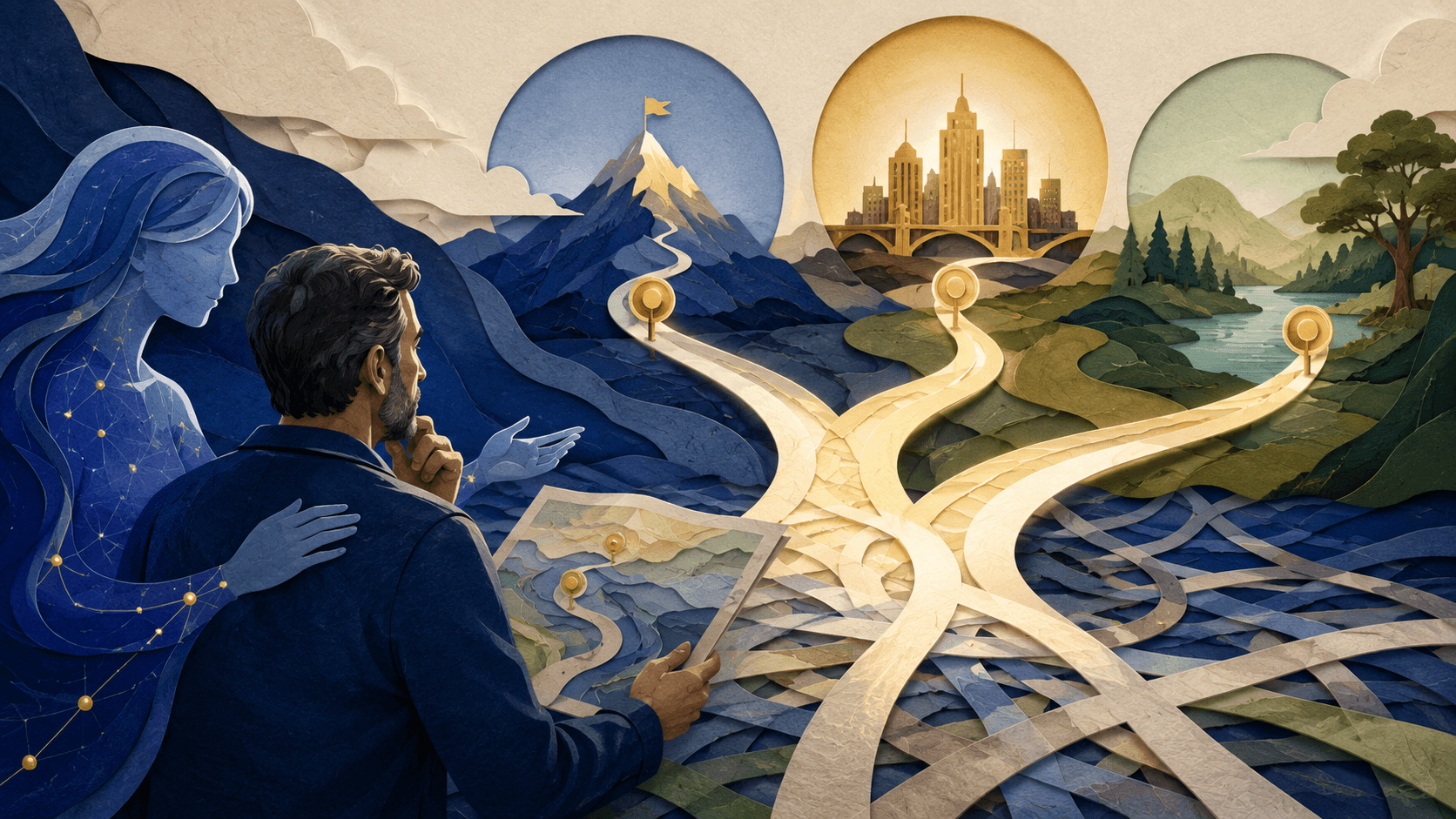 AI Career Coach for Career Change: How CareerWing Builds a Plan Paper-cut illustration of a mid-career professional using an AI coach to compare three illuminated career paths