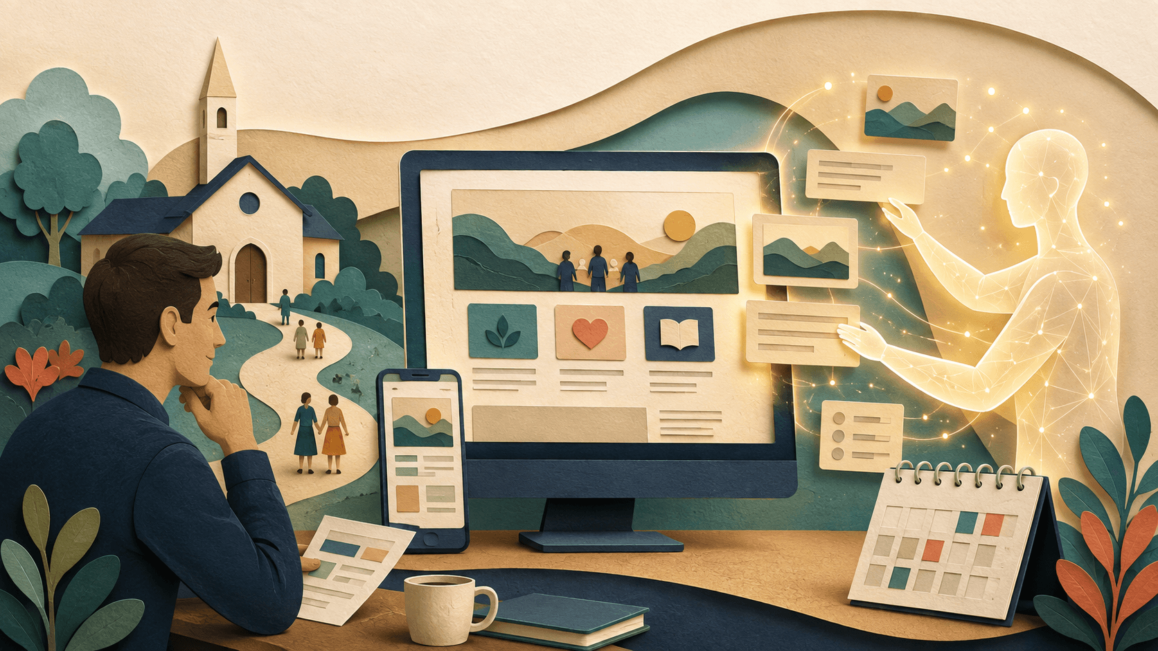 AI Church Website Builder: How ChurchPress Reimagines Your Site Paper-cut illustration of a church communicator reviewing an AI-assisted church website across desktop and mobile screens