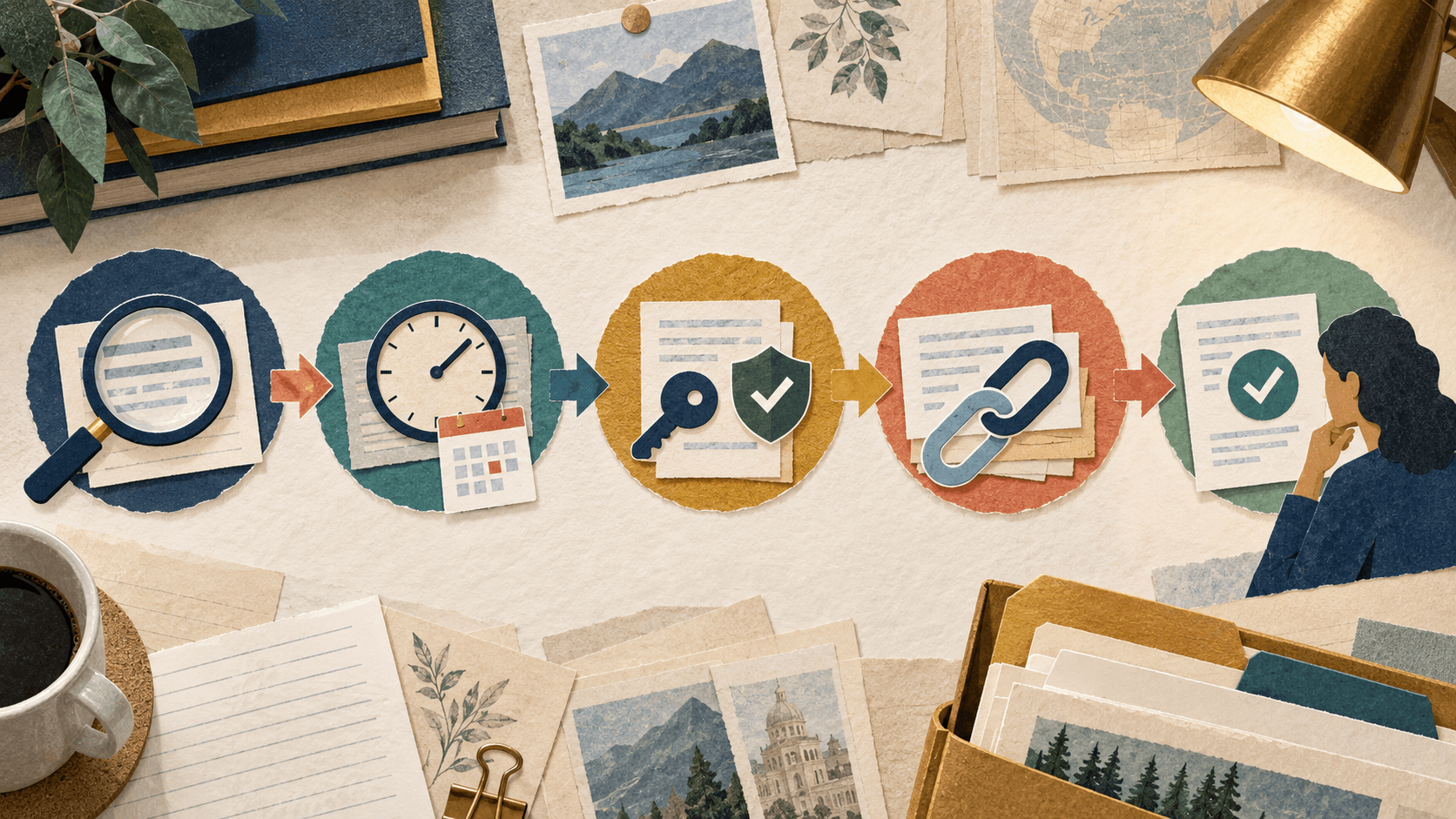 ai citation source audit checklist Paper-cut editorial illustration of claims moving through source, date, entitlement, citation, calculation, and human-approval checks