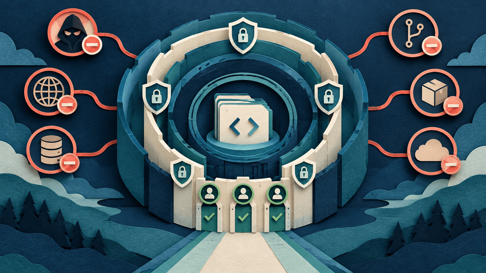 AI Coding-Agent Security: Repository Permissions That Work Paper-cut editorial illustration of nested permission rings protecting secrets networks production branches databases and infrastructure