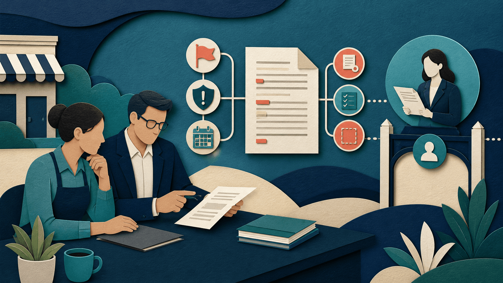 AI contract review for small businesses Editorial illustration of a small-business owner and advisor reviewing contract obligations, deadlines, missing terms, and risk flags before professional approval