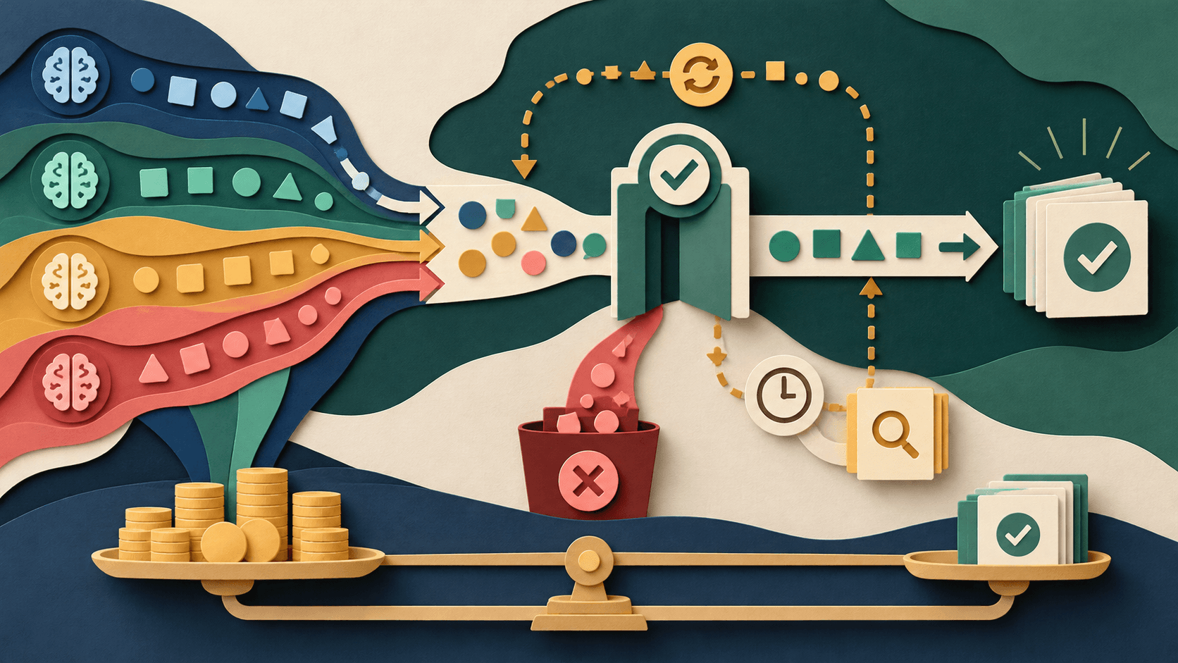 ai cost per accepted outcome guide Paper-cut editorial illustration of several AI model paths converging on an acceptance gate with tokens, retries, review time, failures, and approved outcomes on one ledger