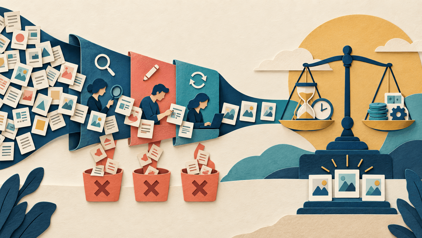Measure AI Cost Per Accepted Output—not Cost Per Generation Paper-cut editorial illustration of many metered AI attempts passing through review, correction, and failure filters until only accepted outputs remain on a true-cost scale
