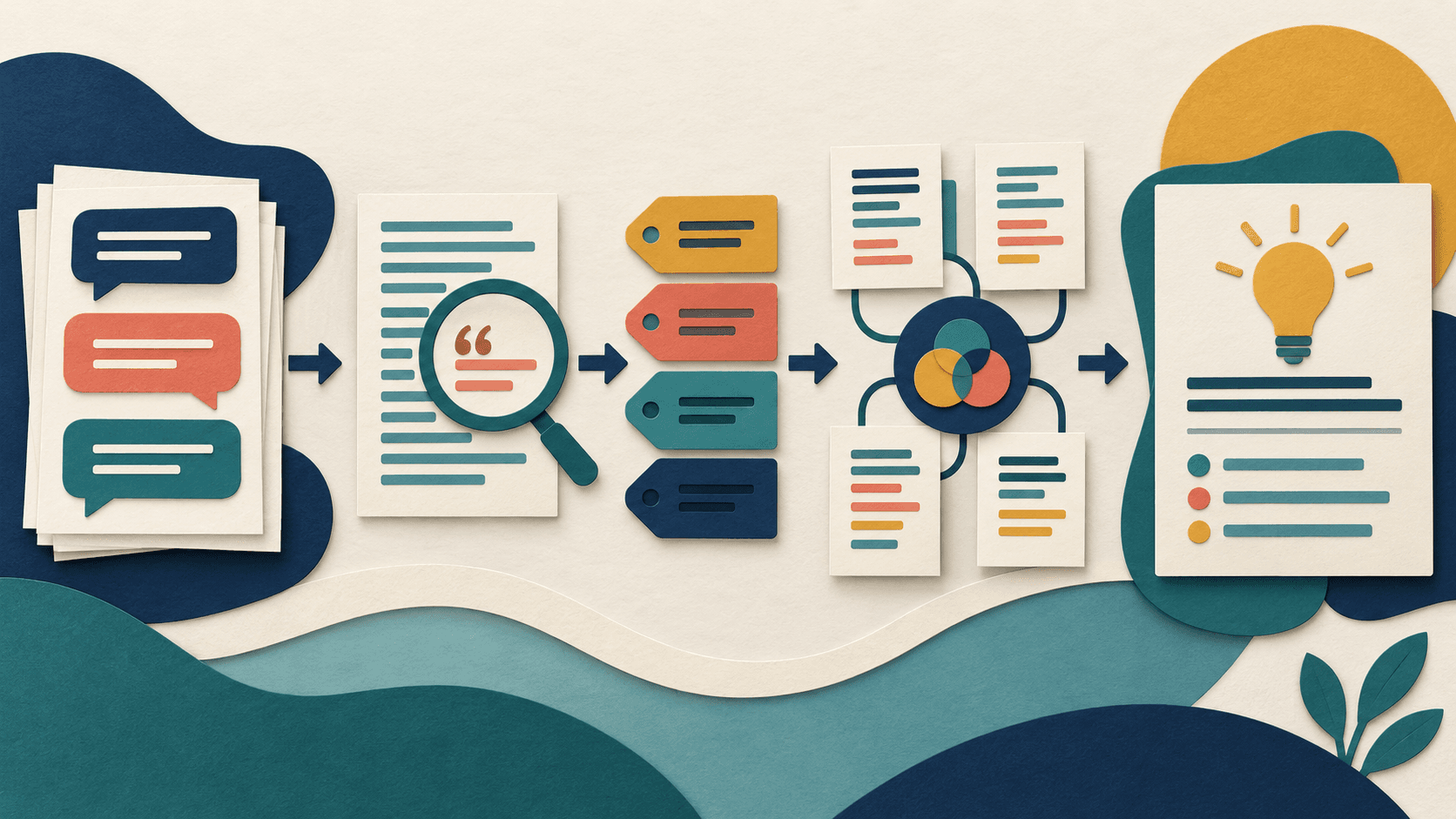 an interview moving from transcript through verified codes to an approved finding Paper-cut editorial illustration of an interview moving from transcript through verified codes to an approved finding
