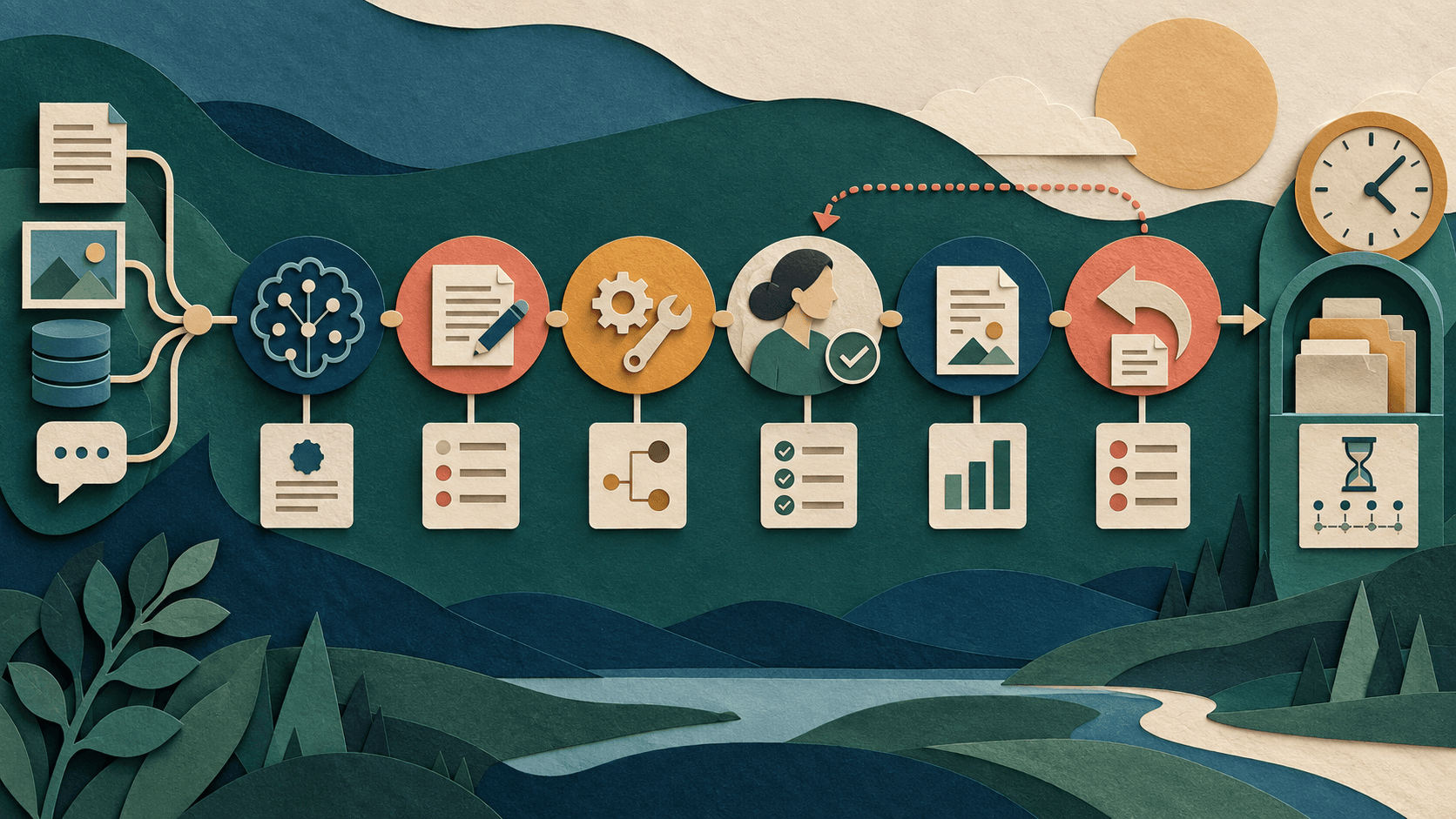 Build an AI Decision Log That Makes Outputs Reproducible Paper-cut editorial illustration of an AI-assisted decision unfolding as a traceable chain of inputs, model and prompt versions, sources, tools, human approval, outcome, correction, and retention controls