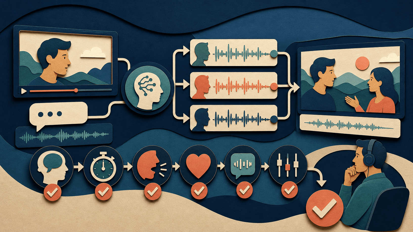 AI dubbing quality assurance checklist Editorial illustration of translated voice tracks passing through checks for meaning, timing, pronunciation, emotion, captions, mix, and human approval