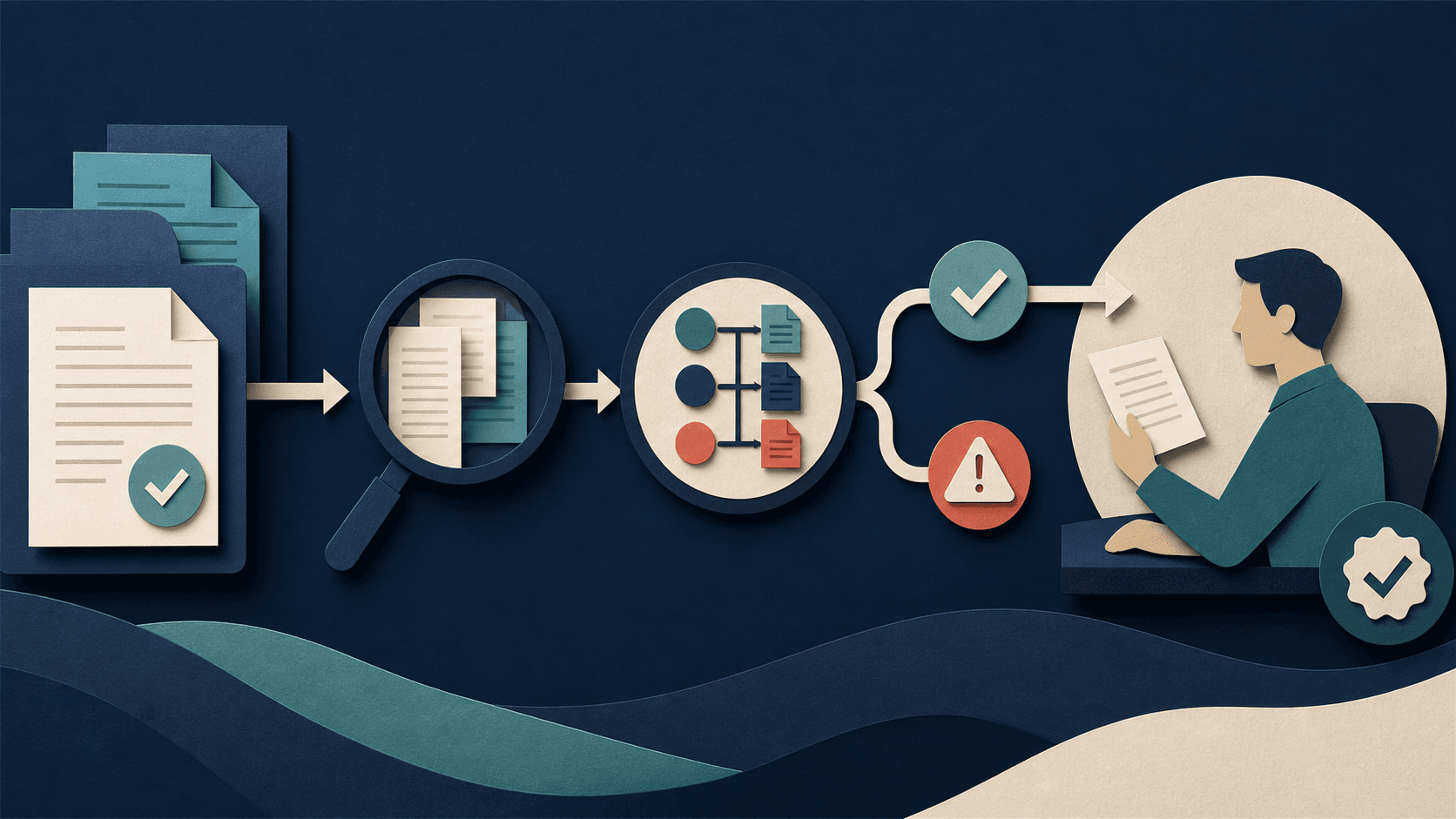 AI fact-checking and source verification workflow Editorial illustration of AI-generated claims passing through source documents, citation checks, warning flags, and human approval