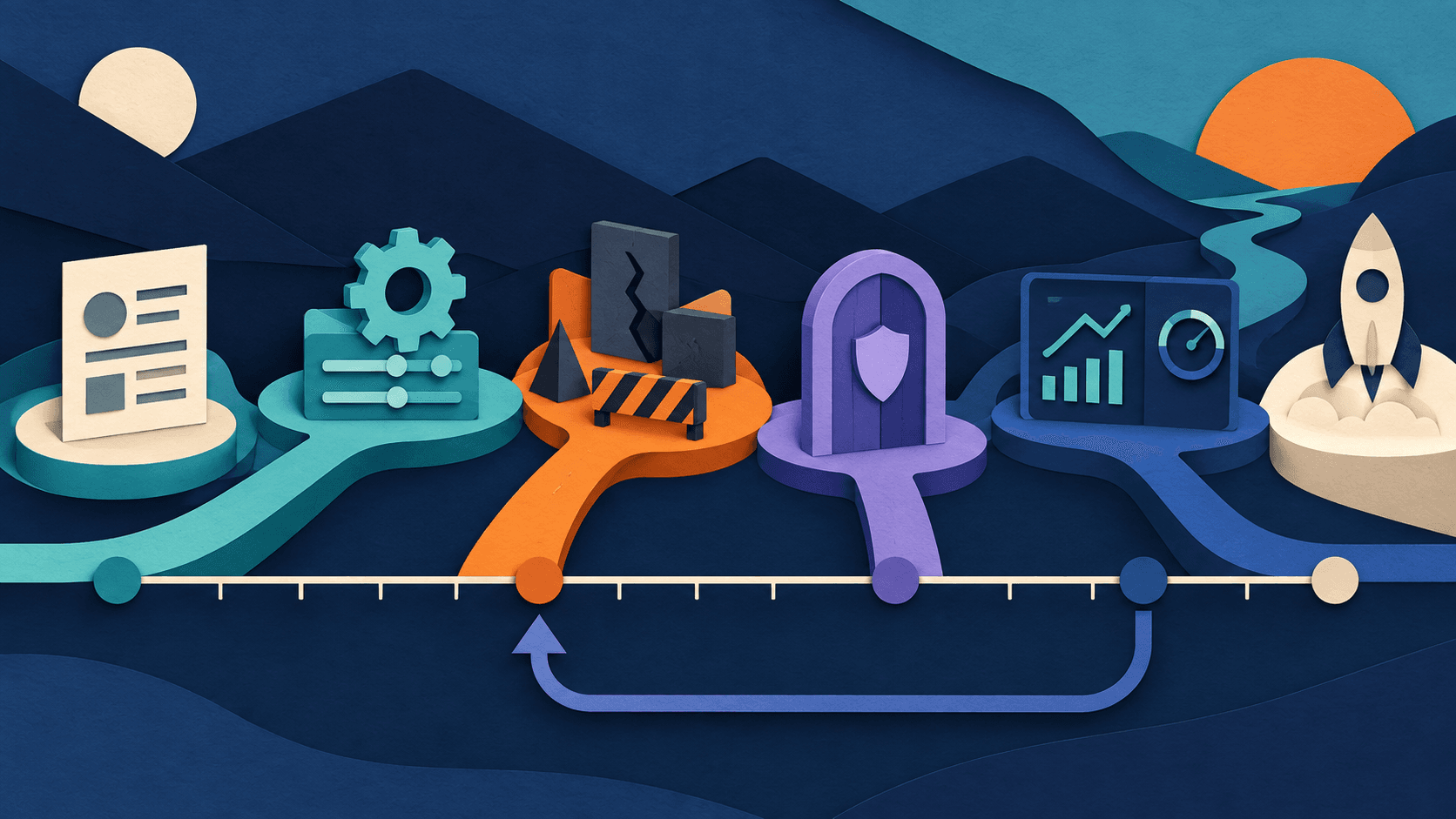 A first AI workflow moves through a four-week launch path Abstract paper-cut 30-day implementation path with workflow definition, configuration, shadow testing, failure drills, launch gate, monitoring, and rollback