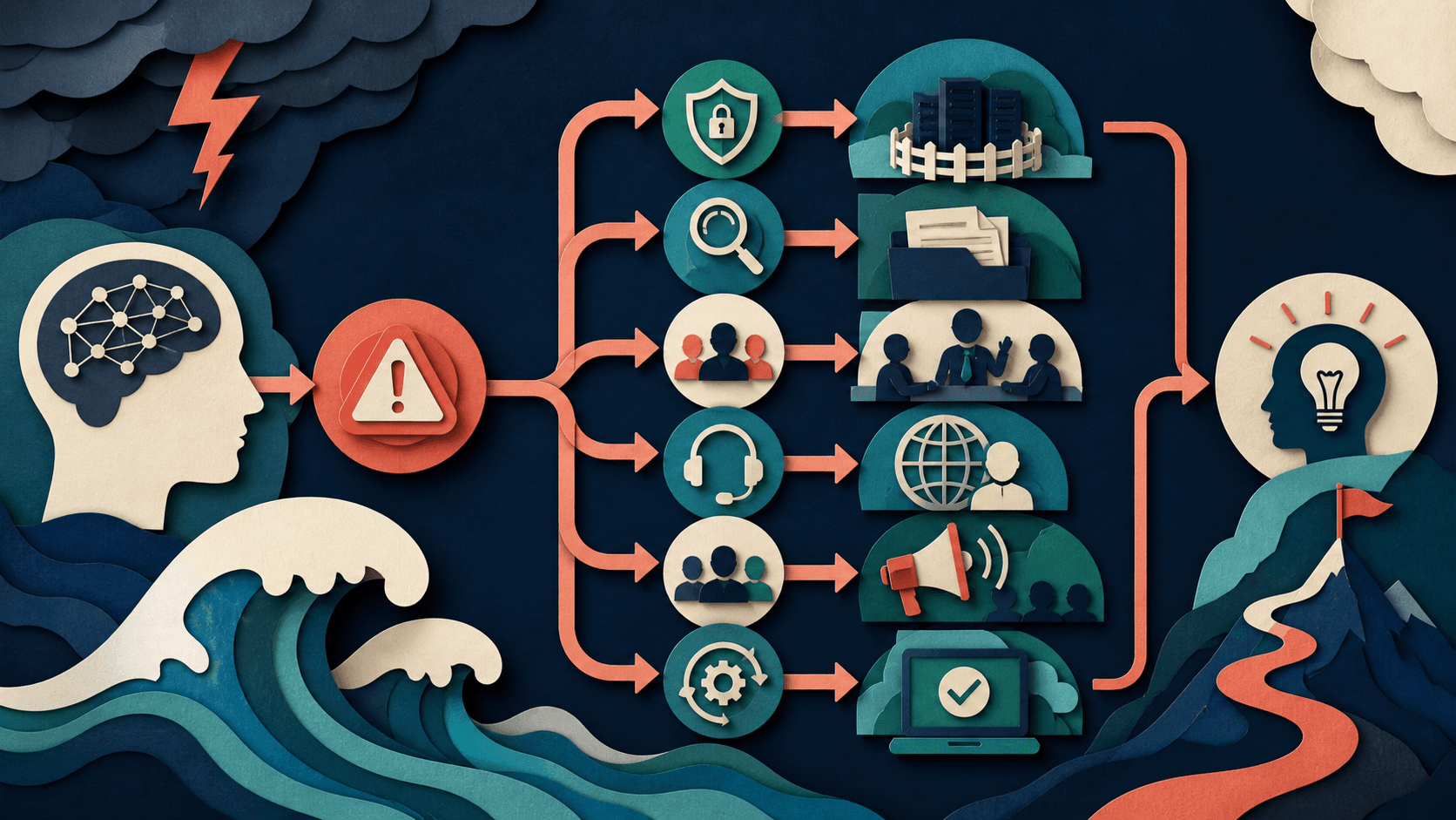 AI incident response plan and workflow Editorial illustration of an AI warning moving through containment, evidence preservation, decision authority, escalation, communication, recovery, and lessons learned