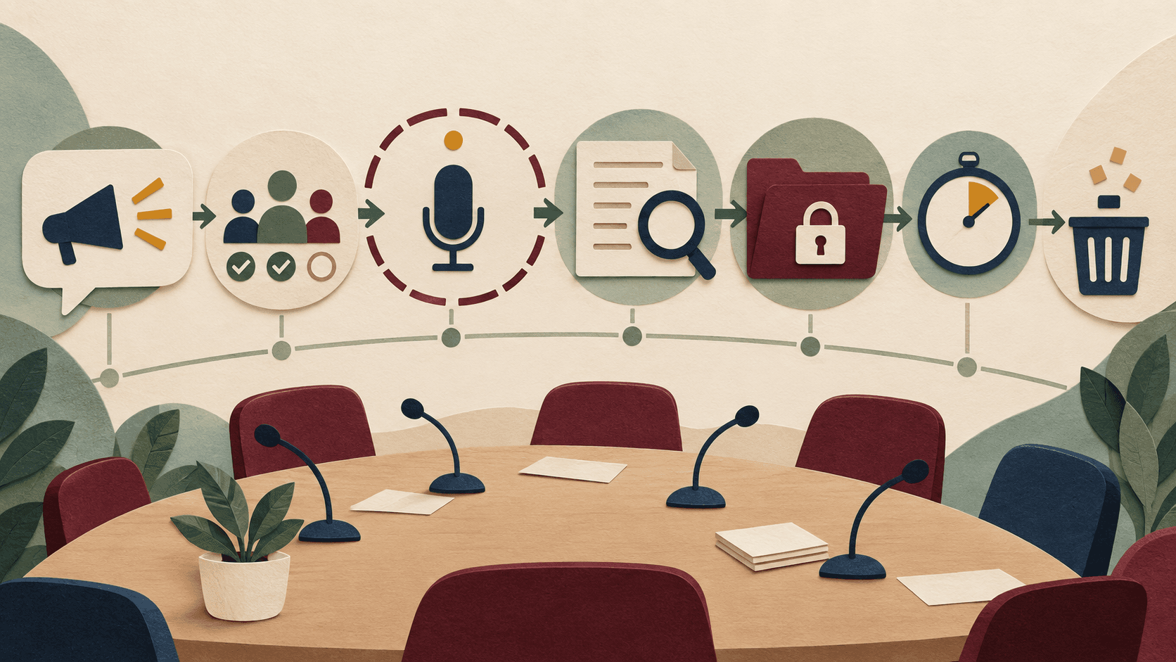 ai meeting notes consent checklist Paper-cut editorial illustration of a meeting moving through notice, participant choice, recording, review, protected storage, retention, and deletion