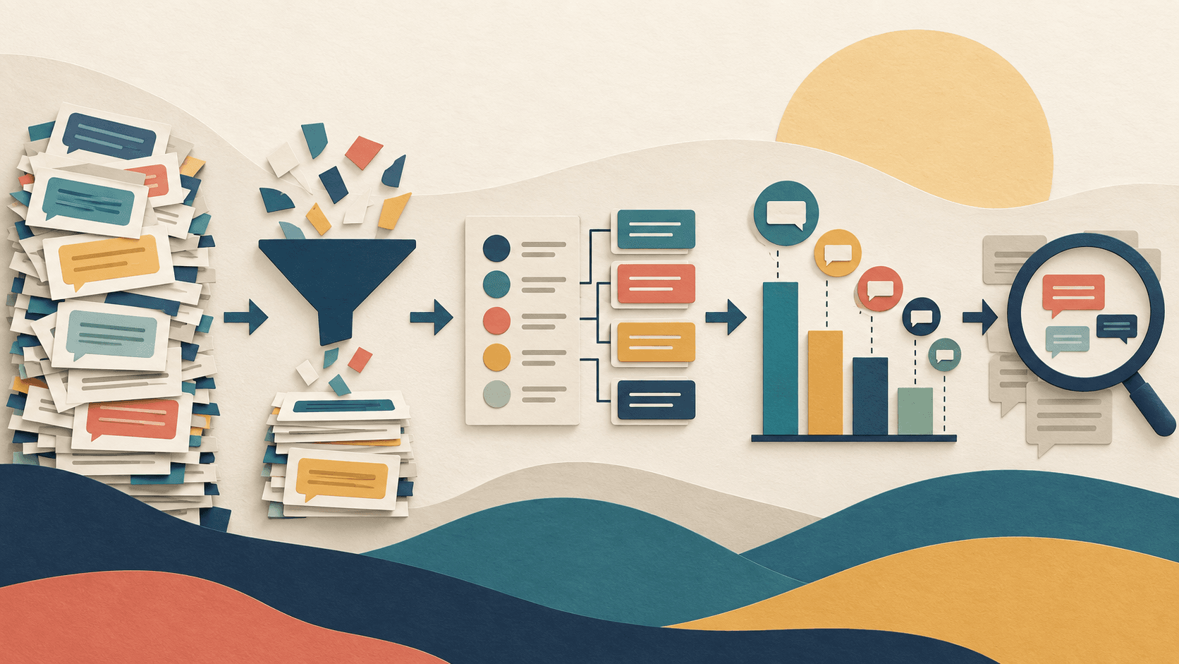 open-ended survey responses moving through calibrated coding and minority-view review Paper-cut editorial illustration of open-ended survey responses moving through calibrated coding and minority-view review