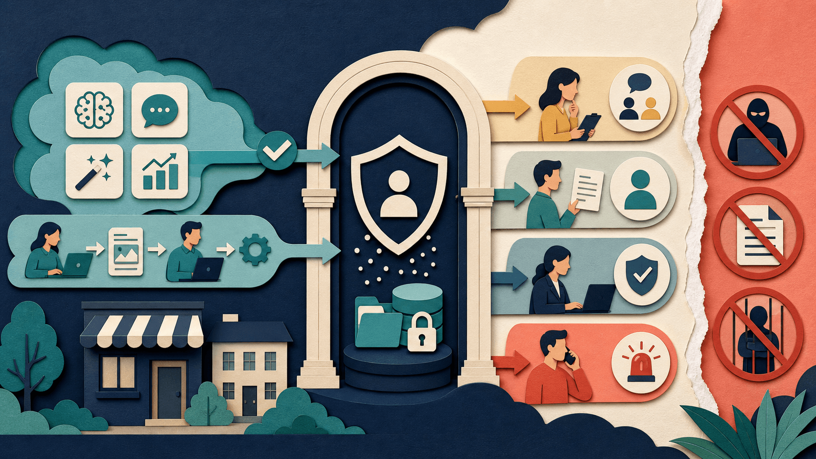 Small business AI use policy template Editorial illustration of approved AI workflows passing through a policy gateway with protected data, human review, disclosure, incident, and prohibited-use controls