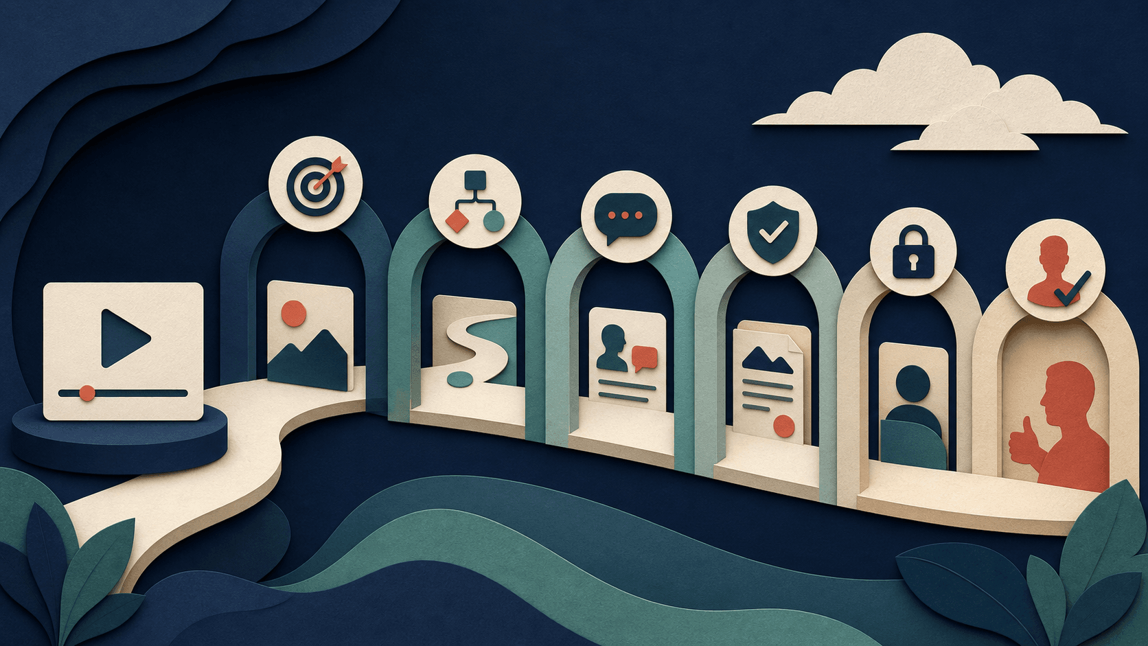 AI product demo video quality checklist Editorial illustration of a product demo video passing checks for accuracy, task flow, claims, privacy, accessibility, and human approval
