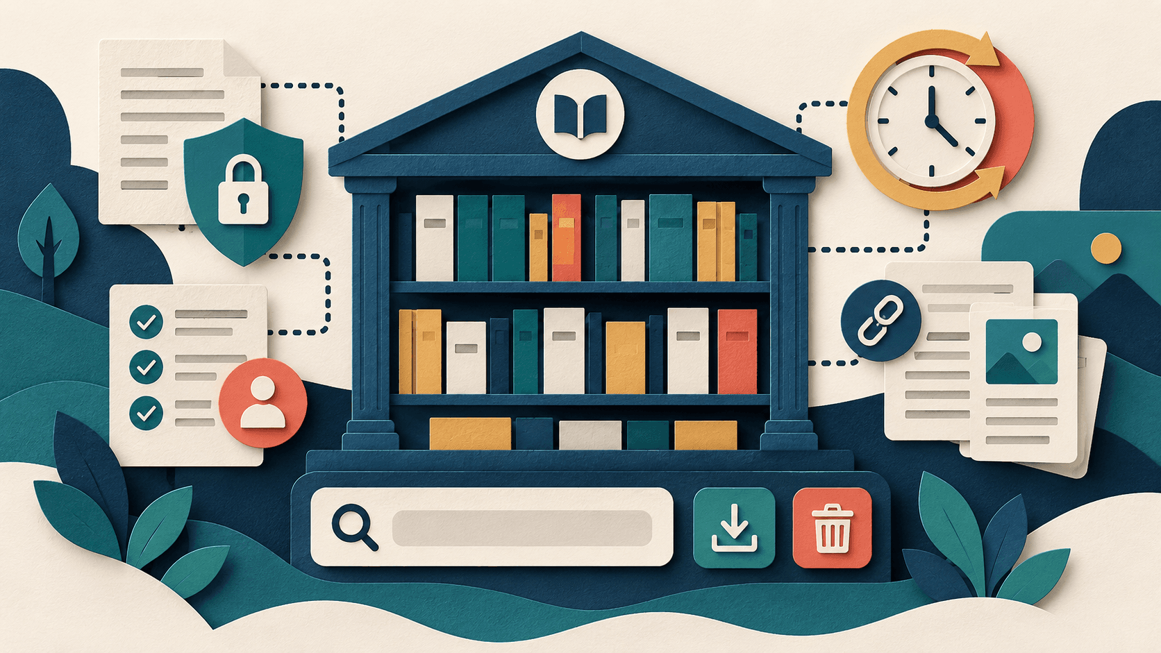 a governed research library with traceability, permissions, retention, export, and deletion controls Paper-cut editorial illustration of a governed research library with traceability, permissions, retention, export, and deletion controls