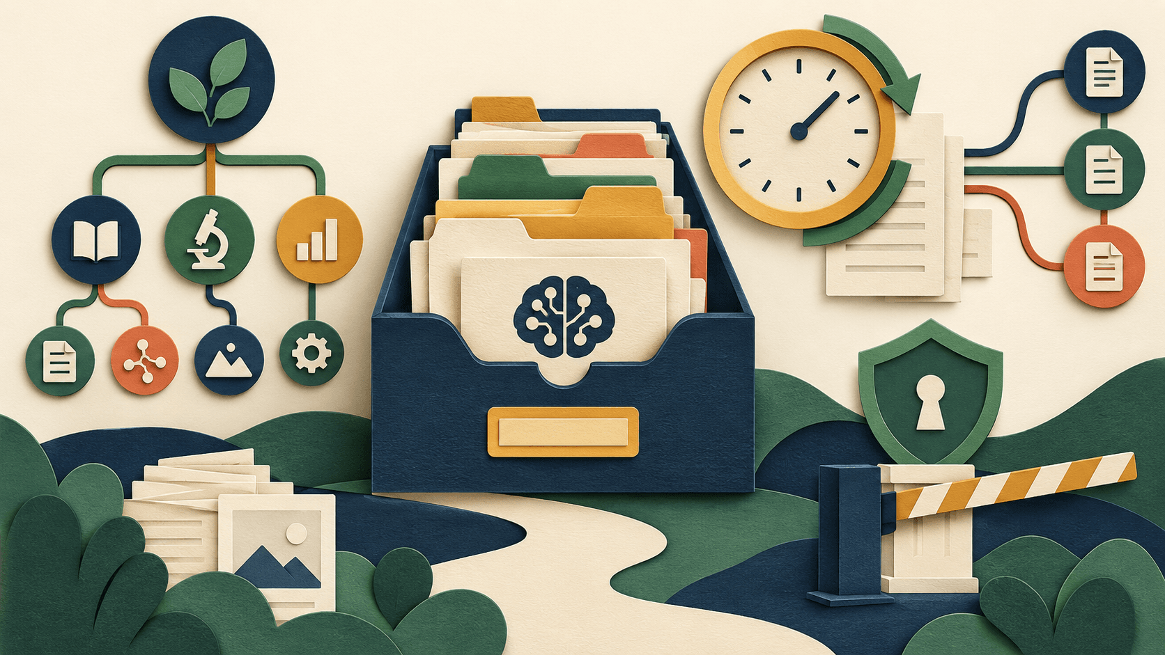 a research archive governed by taxonomy, access, retention, and ownership controls Paper-cut editorial illustration of a research archive governed by taxonomy, access, retention, and ownership controls