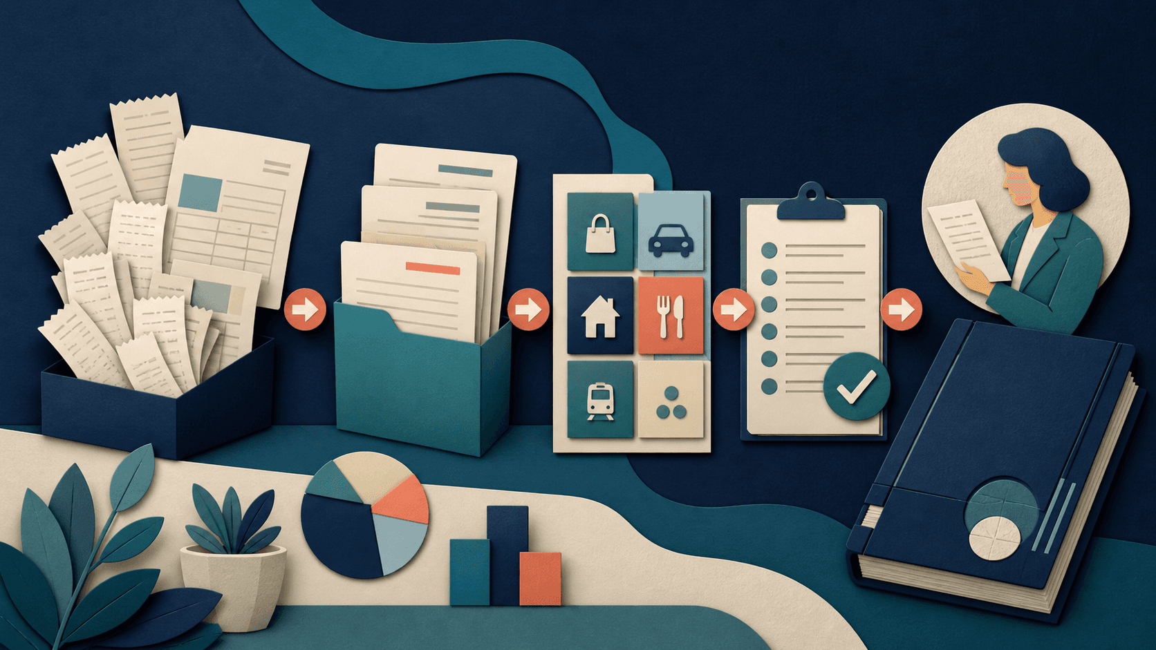 AI bookkeeping and expense tracking for small businesses Editorial illustration of small-business receipts and invoices moving through expense categorization, reconciliation, exception checks, and human bookkeeping review