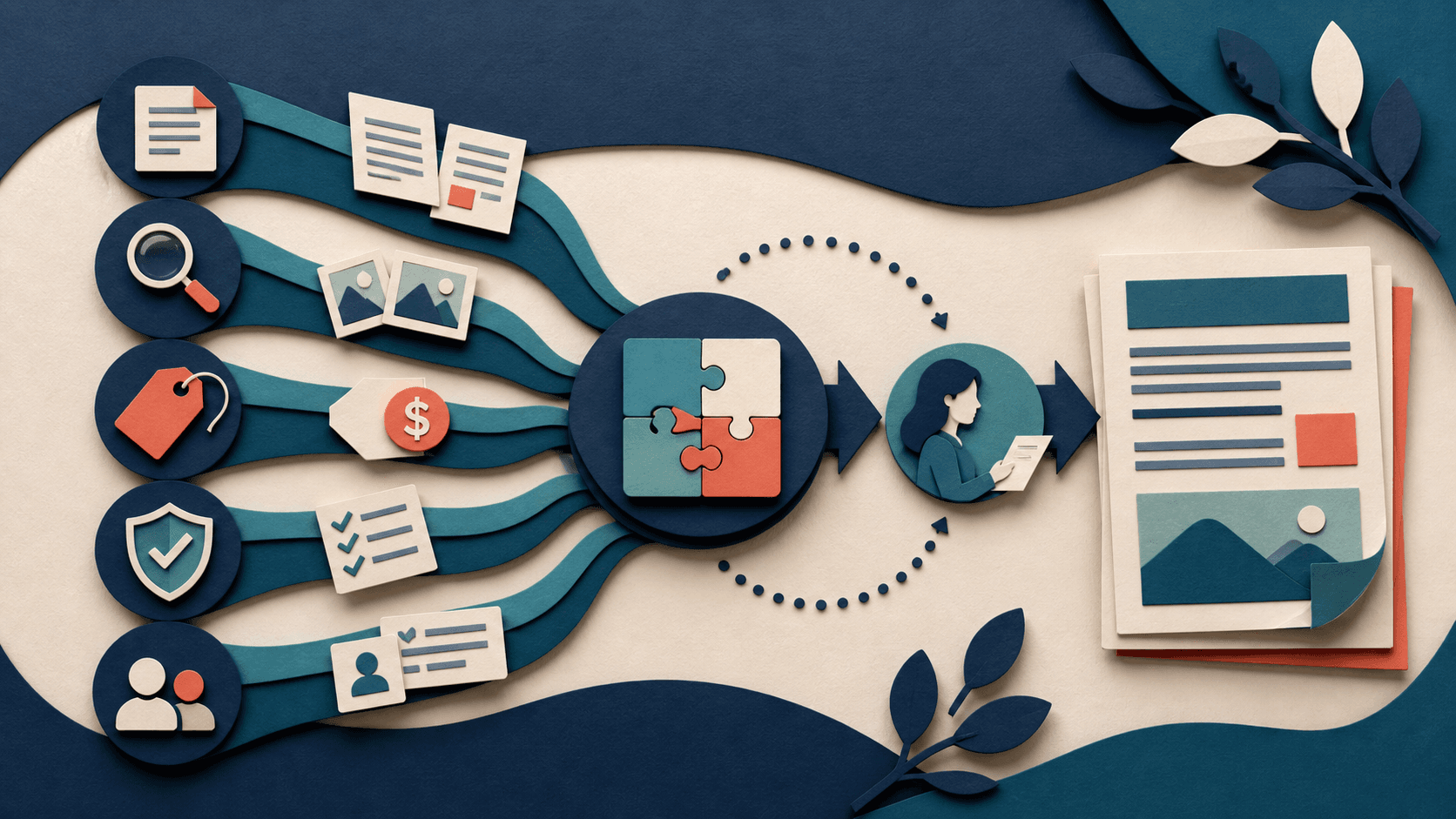 AI proposal and RFP writing for small businesses Editorial illustration of requirements, evidence, pricing, compliance checks, and company experience being assembled into a human-reviewed business proposal