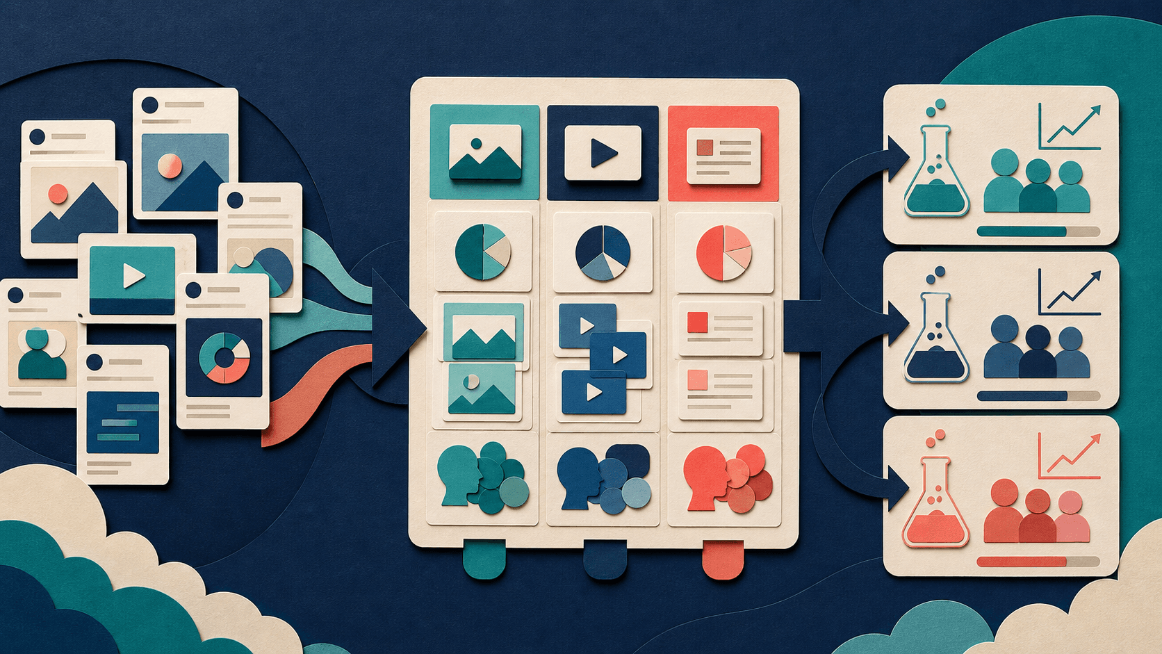 AI social media audit template and workflow Editorial illustration of social posts entering a 90-day audit board, being grouped by format and topic, and producing controlled content experiments