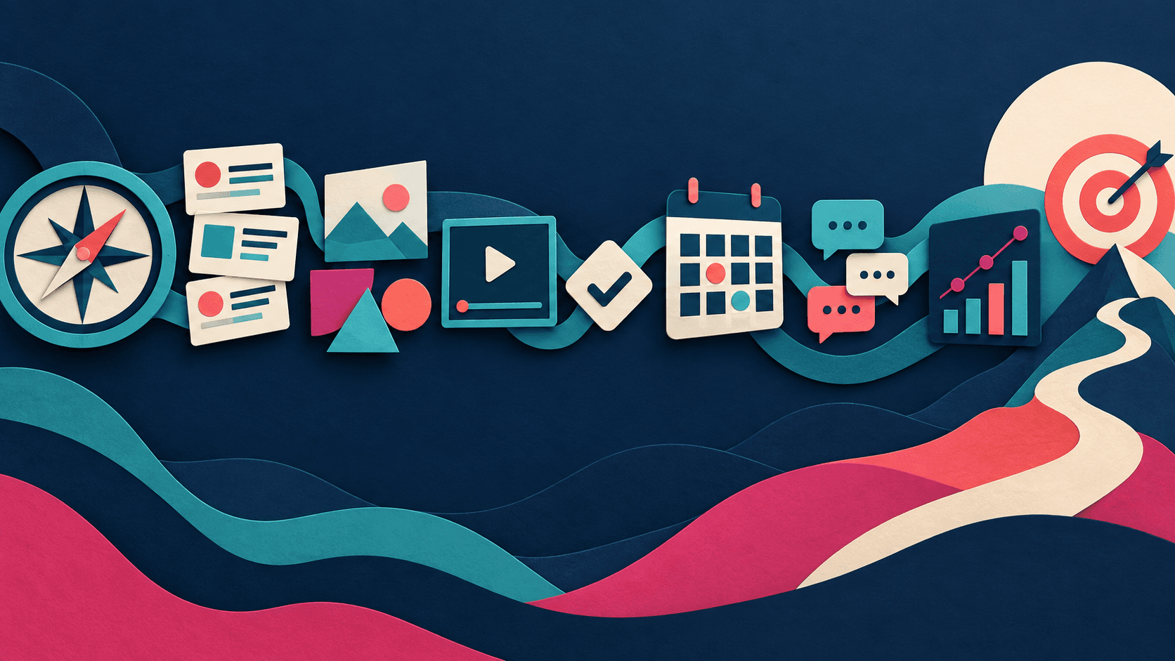 A social content system connects creation to business outcomes Abstract paper-cut social media workflow linking strategy, copy, design, video, approval, scheduling, community replies, analytics, and conversions