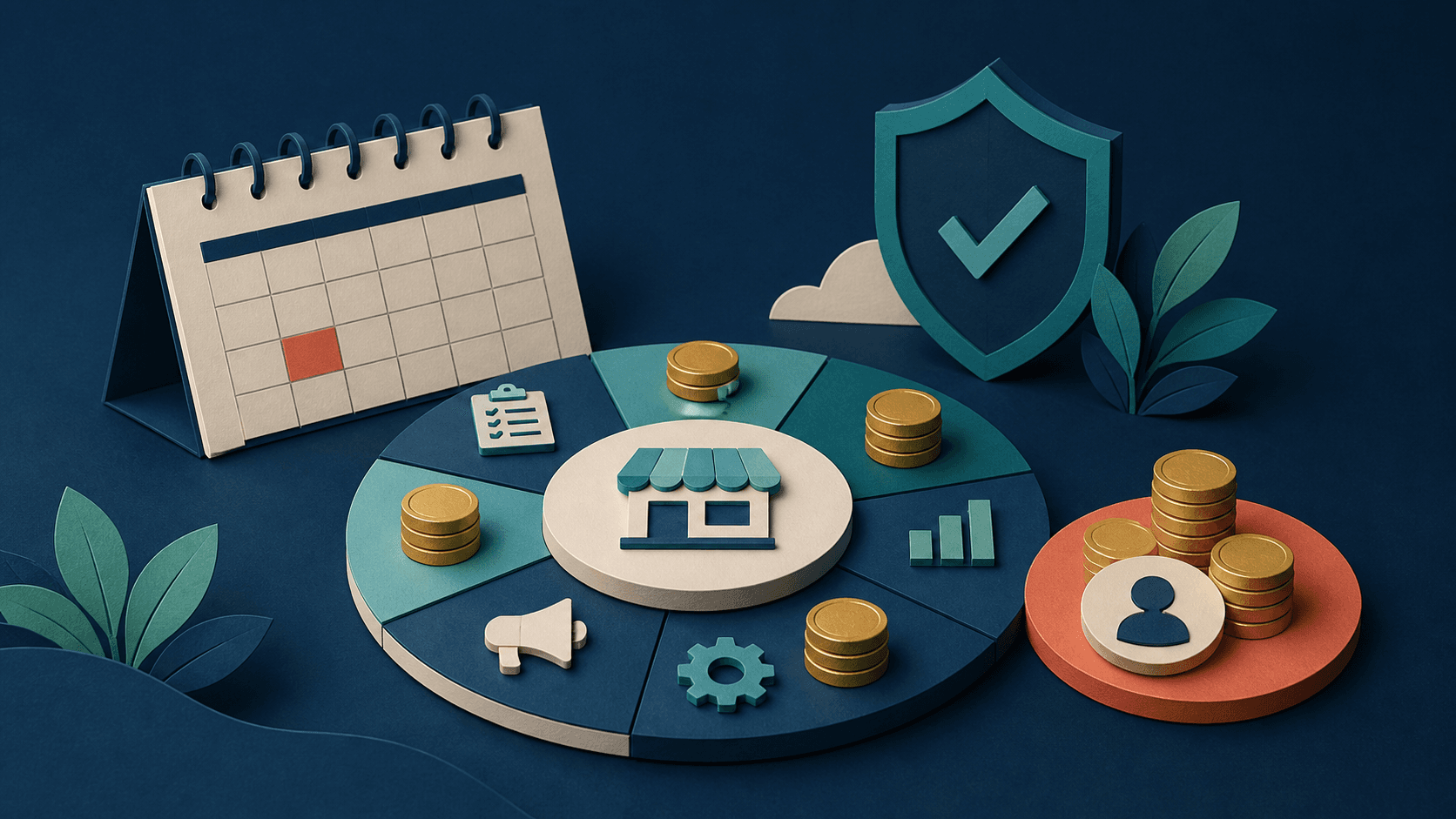 Small business AI software budget planning Editorial illustration of a small business allocating a practical AI software budget across workflows, review, and measurable outcomes
