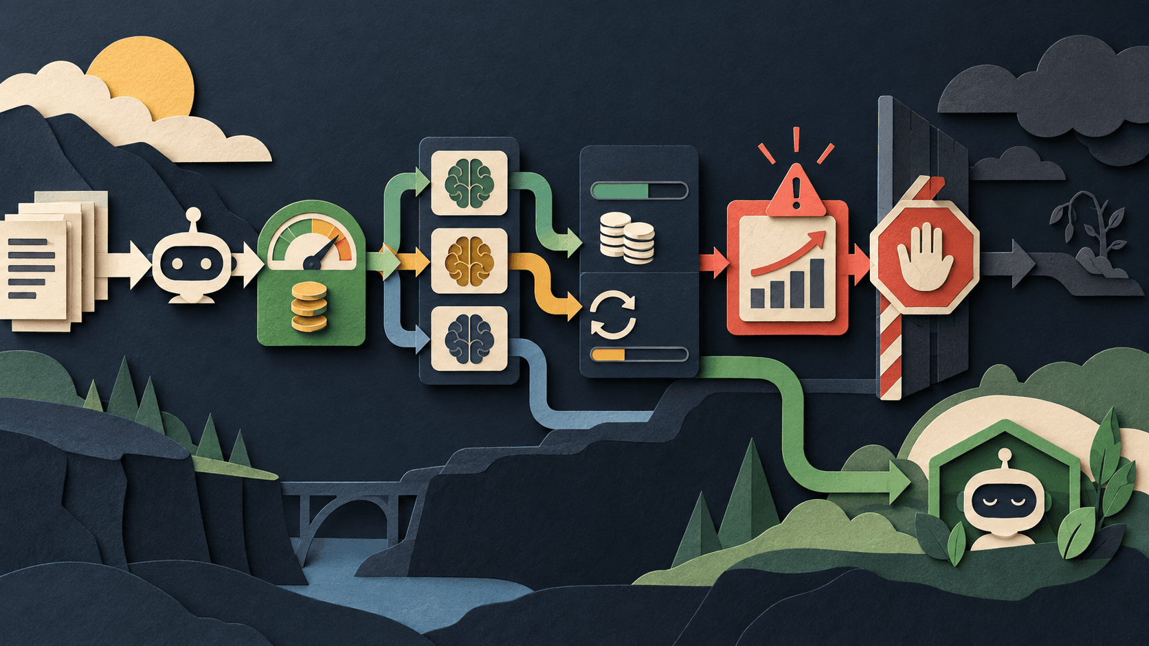 How to Set AI Spend Caps Before Costs Drift Abstract paper-cut editorial illustration of an AI workflow moving through unit-cost meters, model routing, token and retry limits, forecast alerts, a hard budget cap, and a safe degraded mode