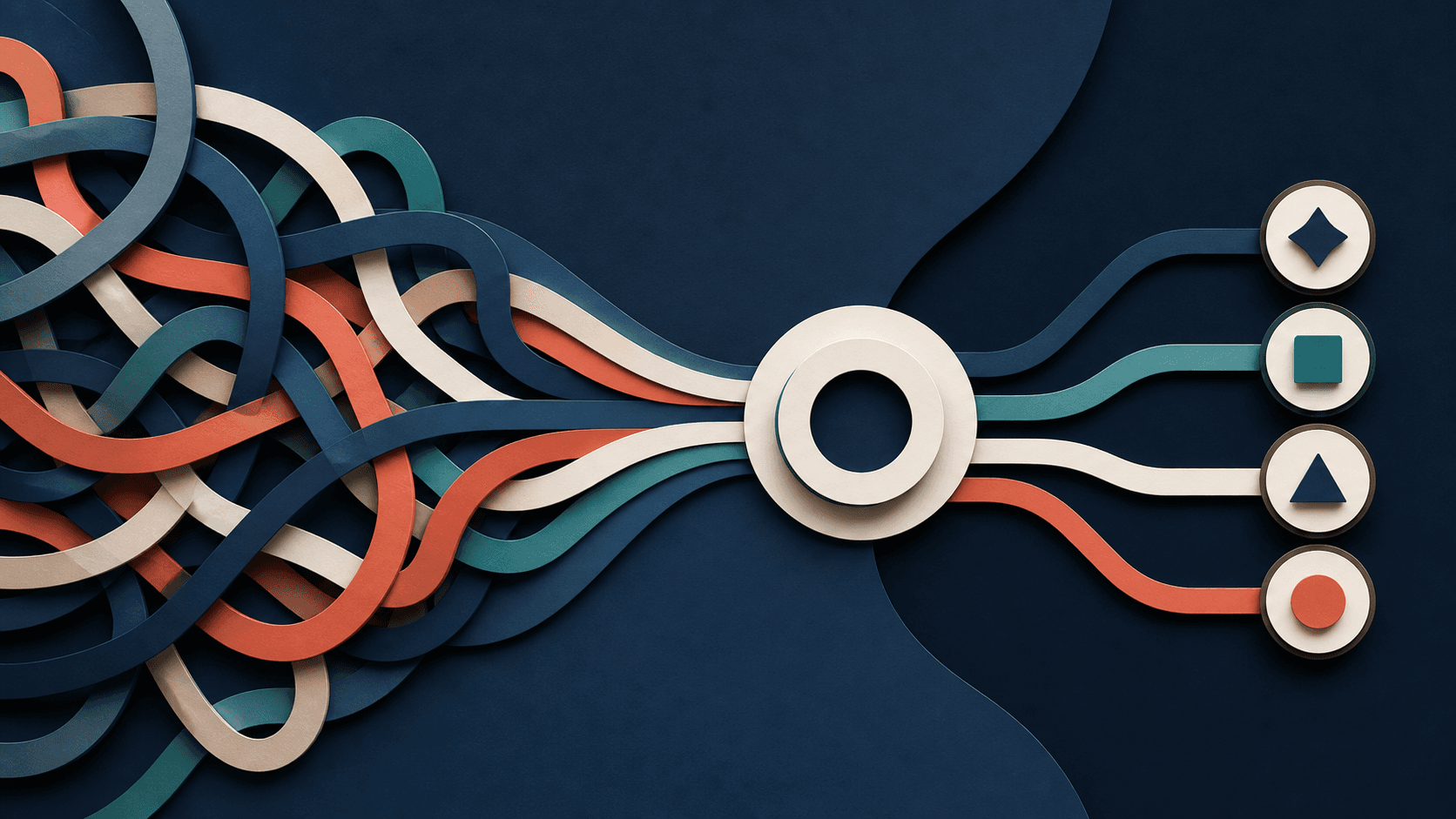 AI stack consolidation workflow Editorial illustration of tangled AI software workflows entering a central junction and leaving as a smaller coordinated tool stack
