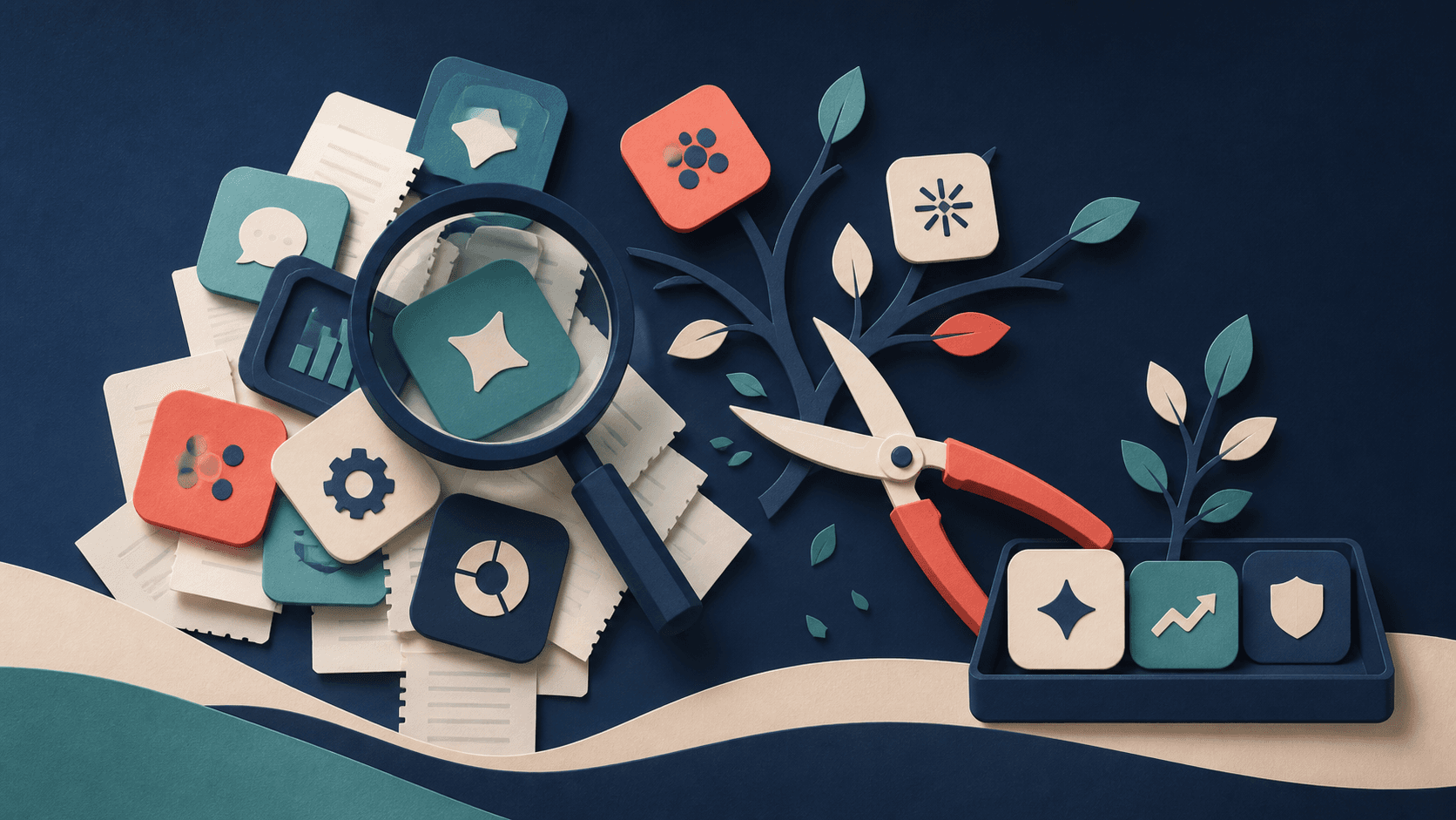 AI subscription audit and software cost reduction Editorial illustration of overlapping AI subscriptions being inspected and trimmed into a lean, accountable software toolkit