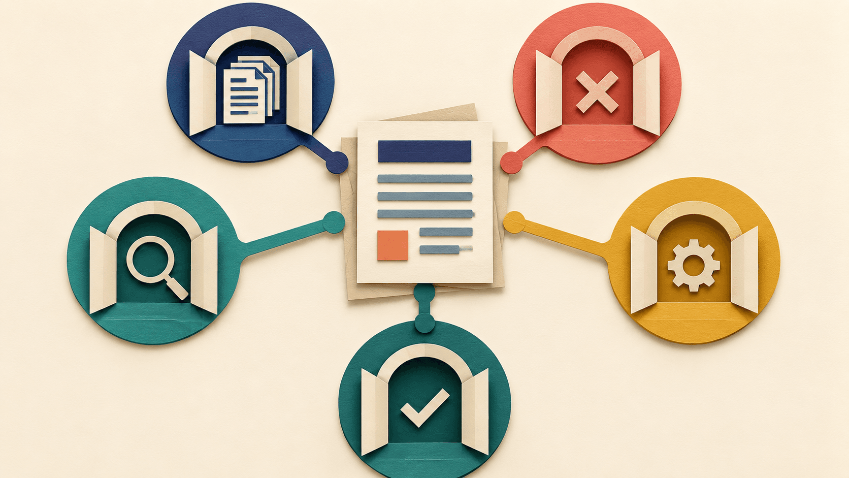 an AI summary checked against sources, omissions, uncertainty, ownership, and acceptance Paper-cut editorial illustration of an AI summary checked against sources, omissions, uncertainty, ownership, and acceptance
