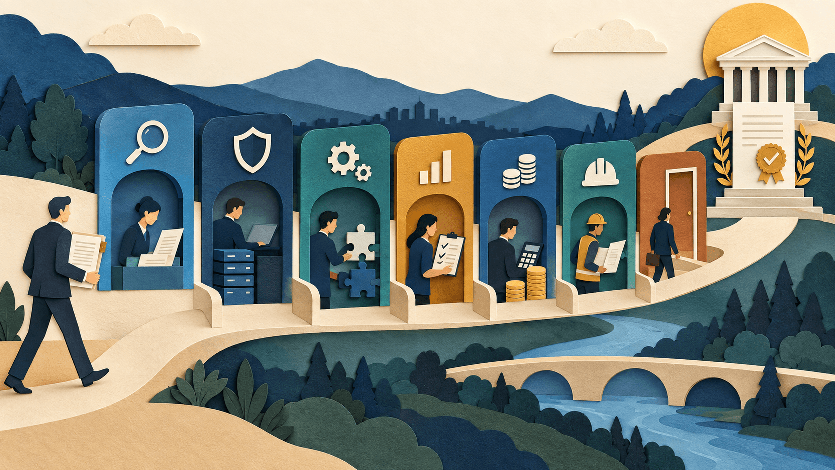 AI Support Agent RFP Template: Requirements That Matter Paper-cut editorial illustration of a support-agent procurement dossier with evidence security evaluation pricing and exit checkpoints