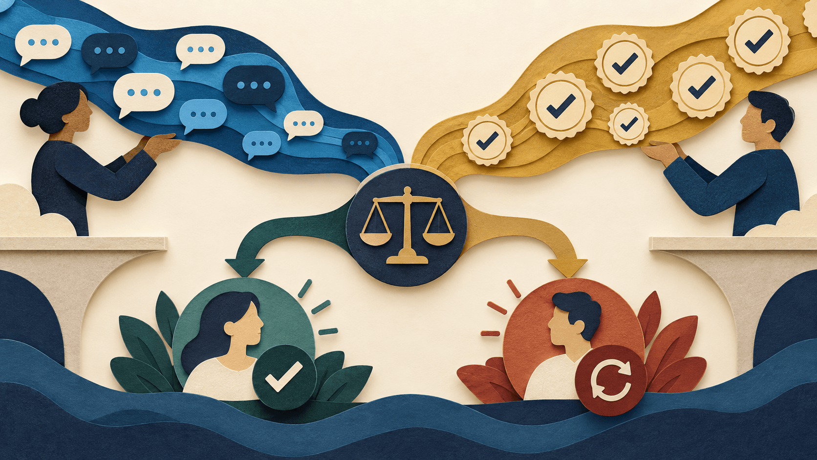 Outcome Pricing vs. Conversation Pricing for AI Support Paper-cut editorial illustration of outcome and conversation invoices reconciled against durable verified customer resolutions