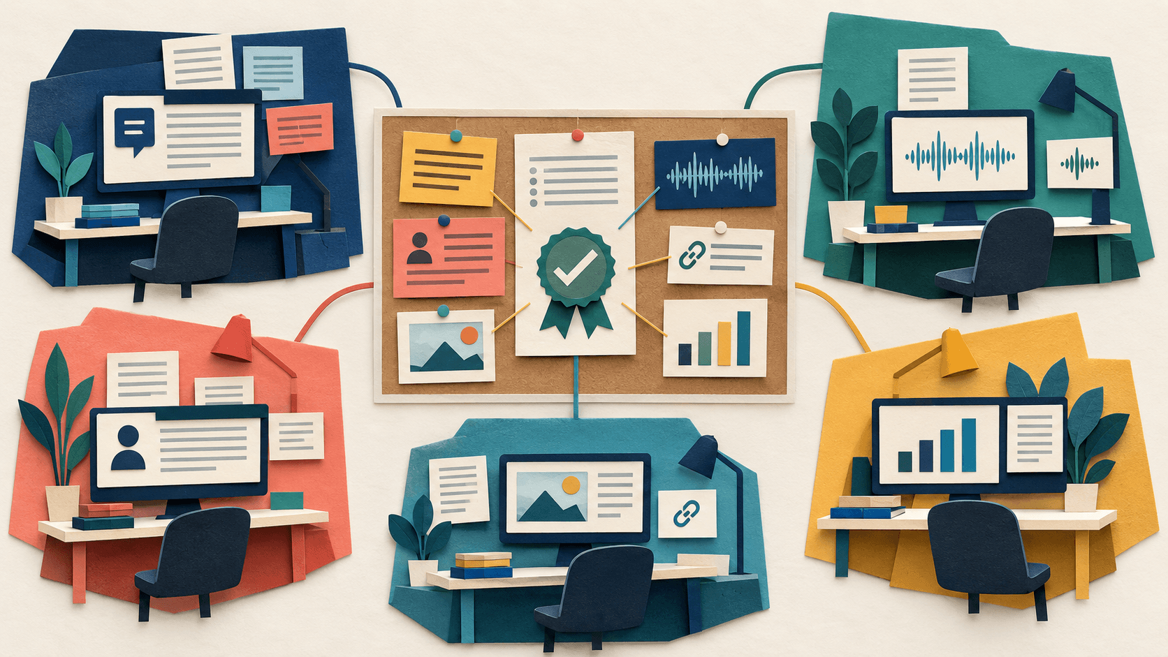 qualitative excerpts becoming reviewed codes and themes while outliers remain visible Paper-cut editorial illustration of qualitative excerpts becoming reviewed codes and themes while outliers remain visible