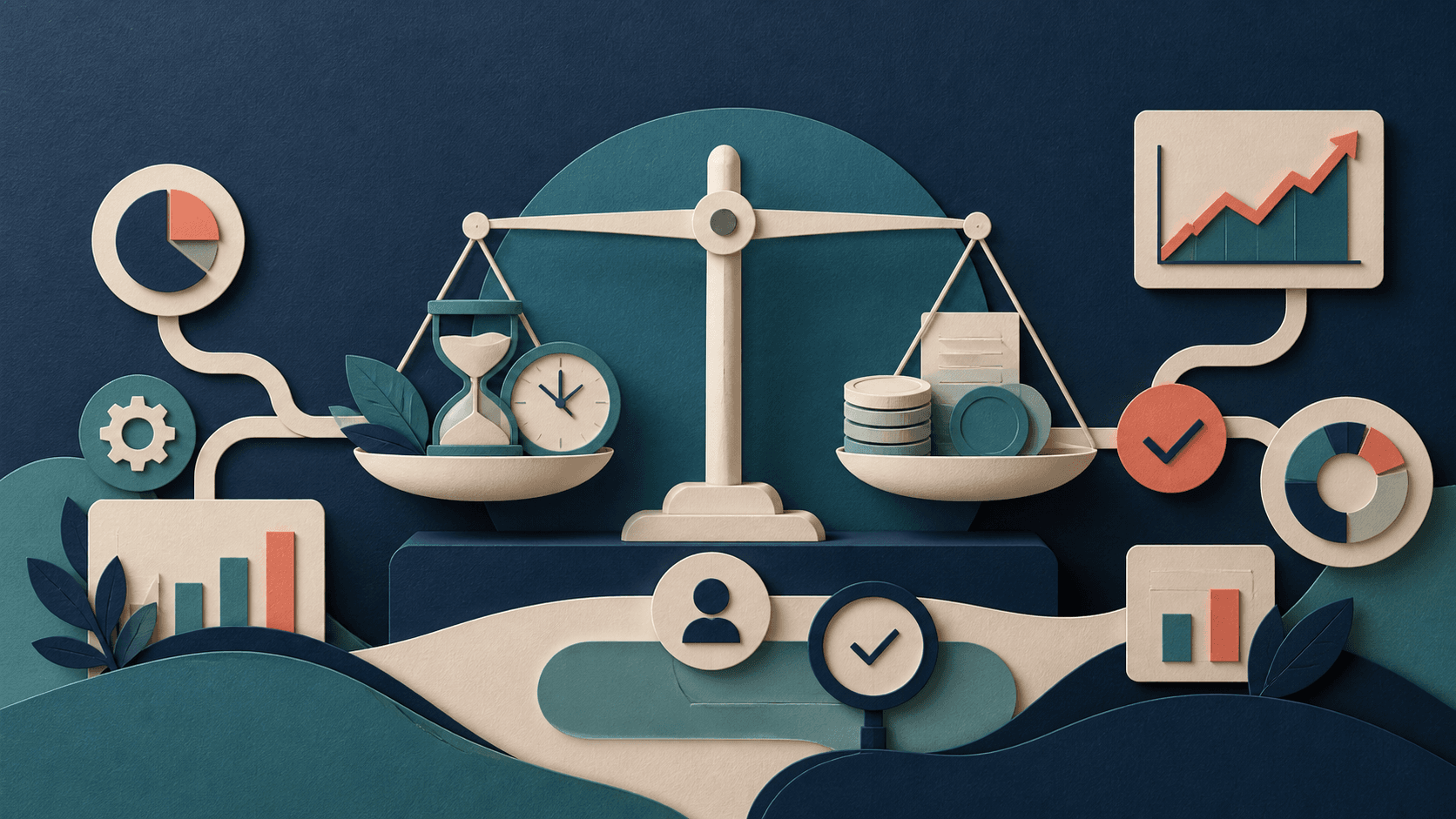 AI tool ROI calculator and measurement framework Editorial illustration of a balanced scale comparing AI tool time savings, implementation costs, human review, and business outcomes