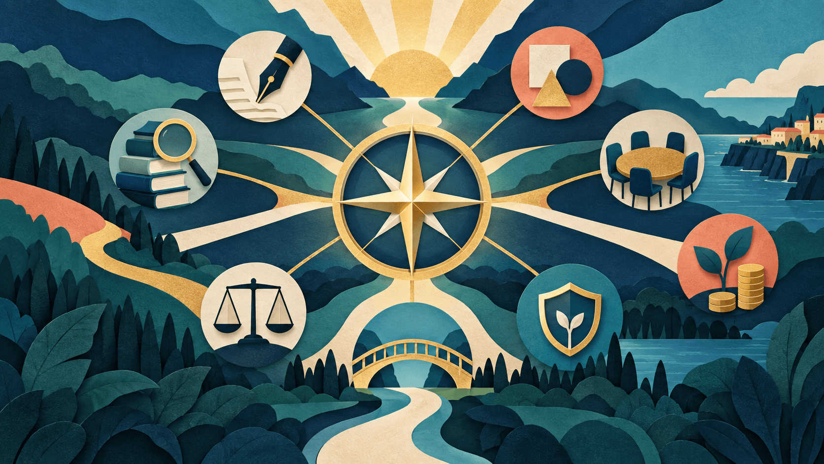 A nonprofit assembles an AI stack around its mission Abstract paper-cut nonprofit mission at the center of writing, research, design, meetings, fundraising, privacy, accessibility, and human oversight tools